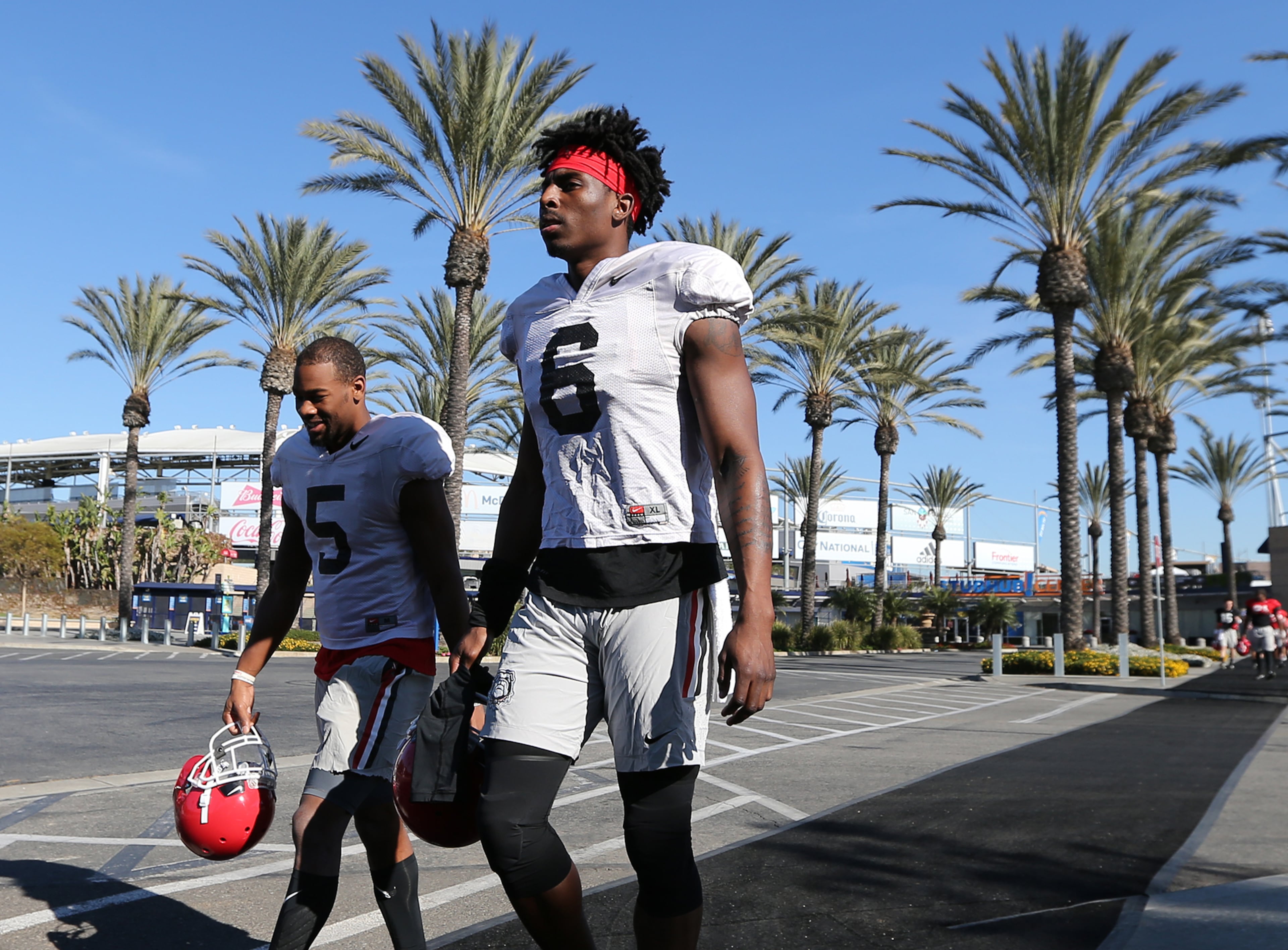 December 29, 2017 Carson: Georgia wide receivers Terry Godwin and Javon Wims walk to team practice for the Rose Bowl at the StubHub Center on Friday, December 29, 2017, in Carson. Curtis Compton/ccompton@ajc.com