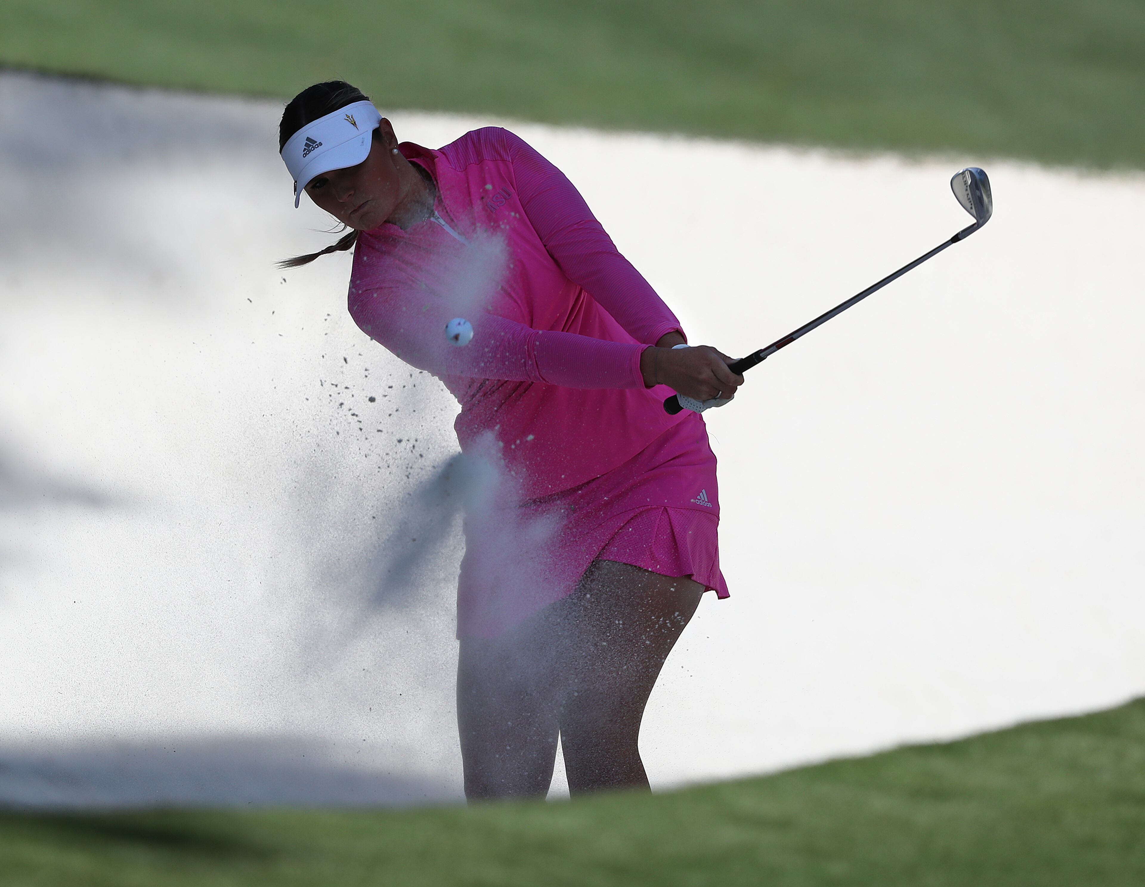 Olivia Mehaffey blasts from the bunker to the 10th green during the Augusta National Women’s Amateur final round on Saturday, April 3, 2021, in Augusta. “Curtis Compton / Curtis.Compton@ajc.com”