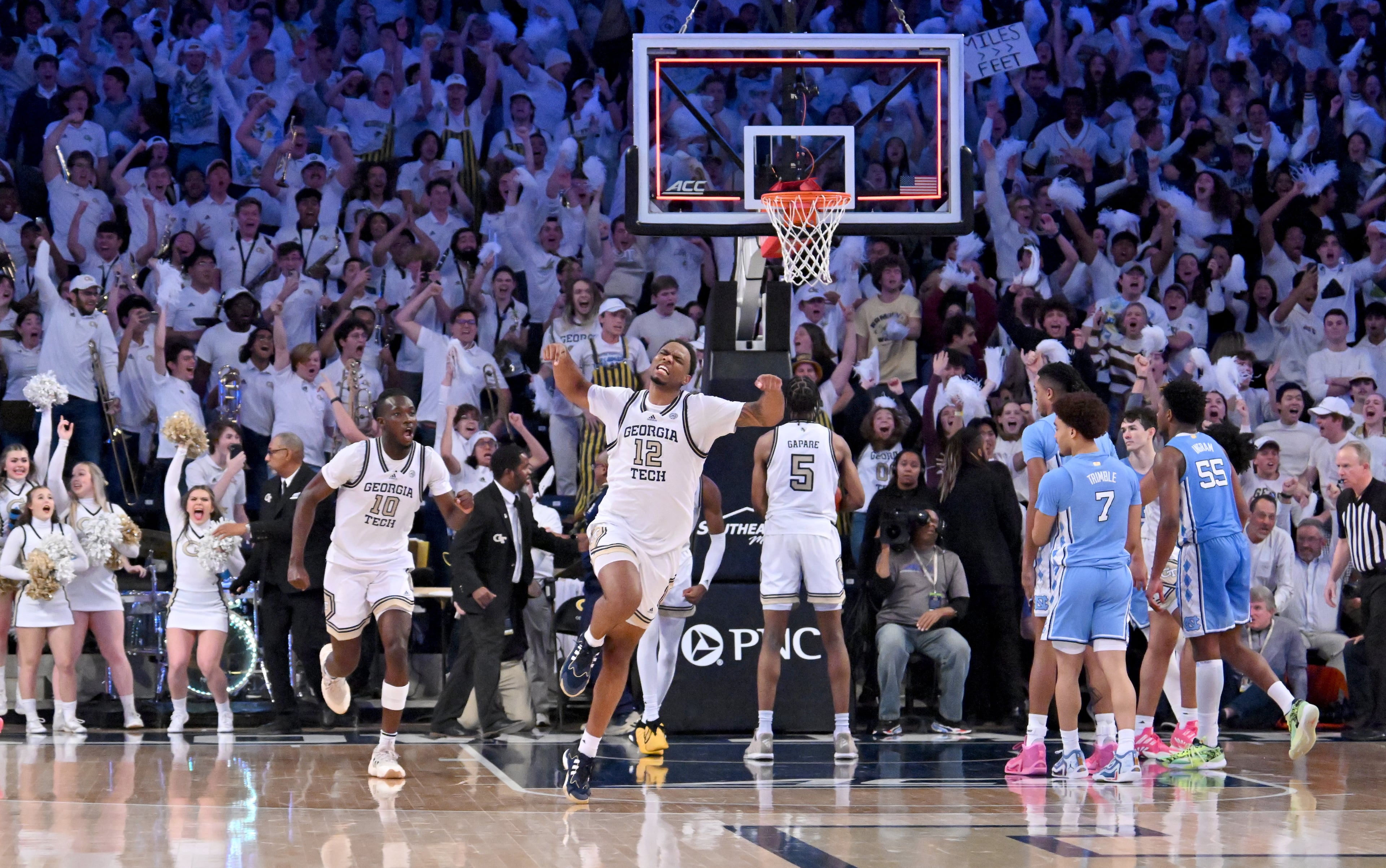 Georgia Tech players celebrate a victory over North Carolina in an NCAA college basketball game at Georgia Tech’s McCamish Pavilion, Tuesday, January 30, 2024, in Atlanta. Georgia Tech won 74-73 over North Carolina. (Hyosub Shin / Hyosub.Shin@ajc.com)