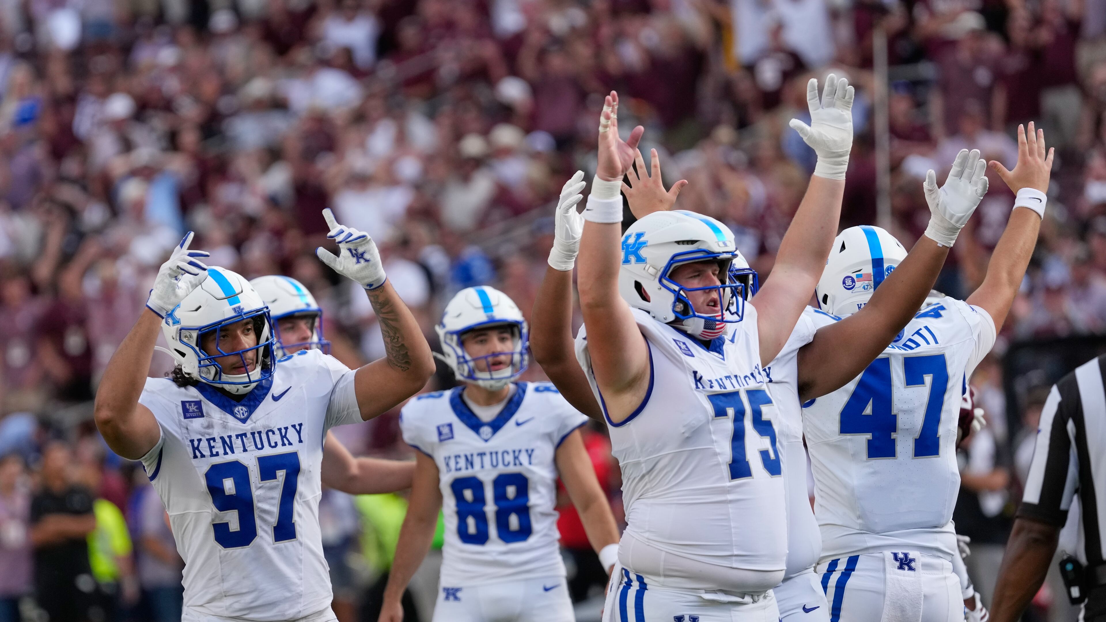 Kentucky players celebrate a field goal by kicker Adam Zouagui (88) during the second half of an NCAA college football game against Texas A&M Saturday, Sept. 19, 2026, in College Station, Texas. (AP Photo/David J. Phillip)
