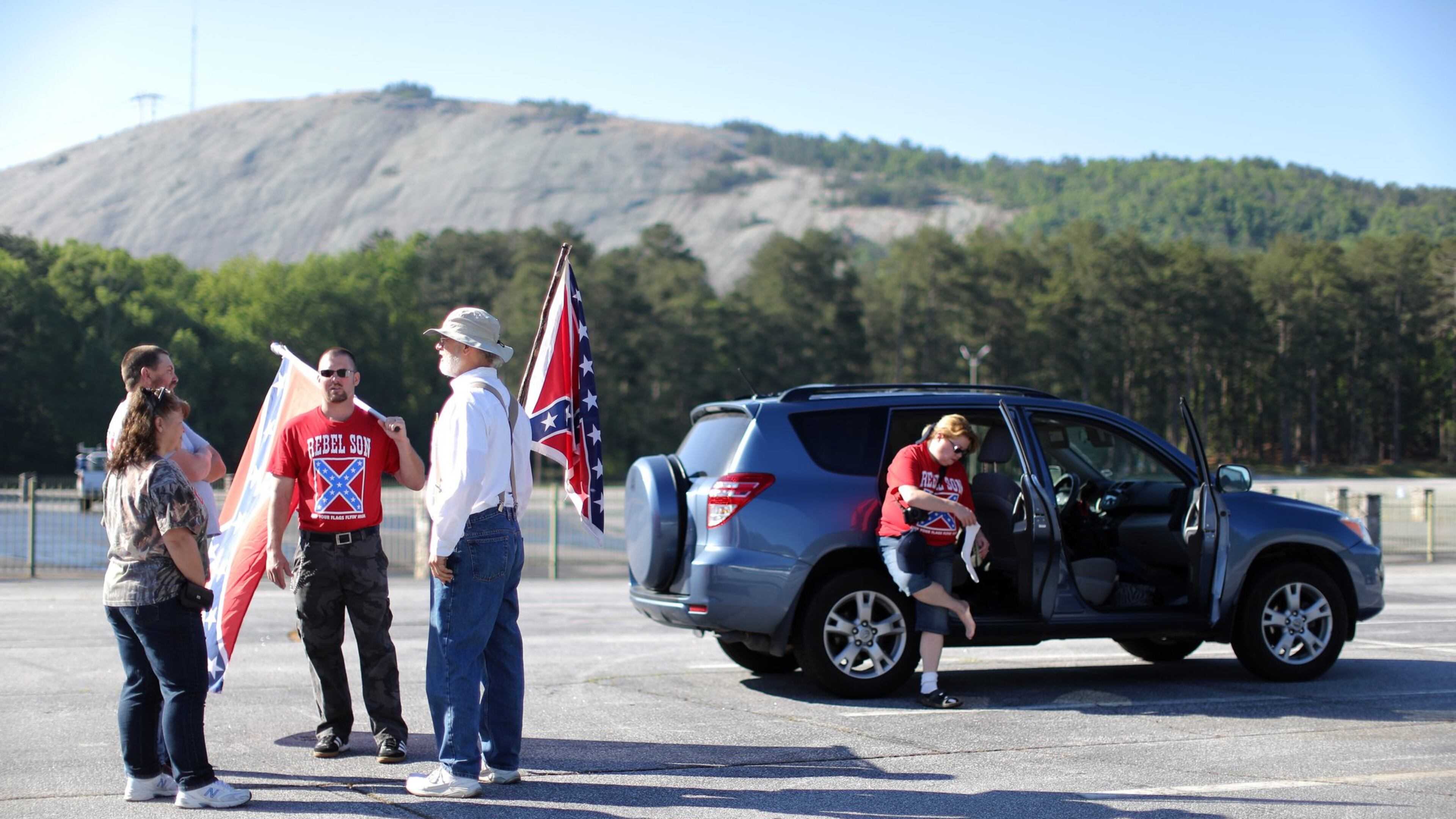 Rock Stone Mountain, a purported “white power” rally held April 23, 2016, drew just a handful of white supremacists and white nationalists, but hundreds of counter demonstrators flooded the park in response. The same organizers are attempting another “pro-white” rally, but they have been denied a permit by the park. BEN GRAY / AJC