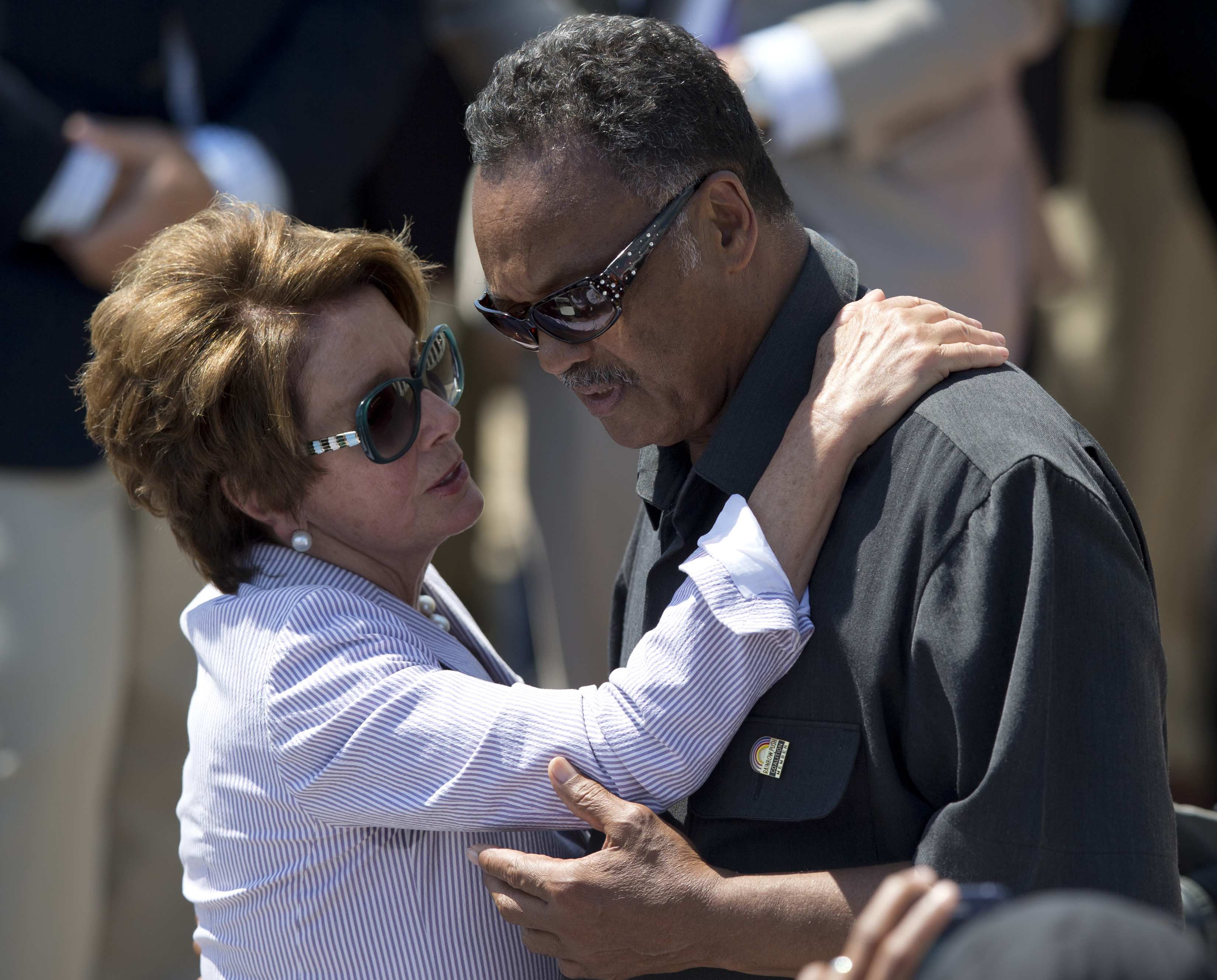 House Minority Leader Nancy Pelosi of Calif., speaks with Rev. Jesse Jackson during an event to commemorate the 50th anniversary of the 1963 March on Washington at the Lincoln Memorial, Saturday, Aug. 24, 2013, in Washington. (AP Photo/Carolyn Kaster)