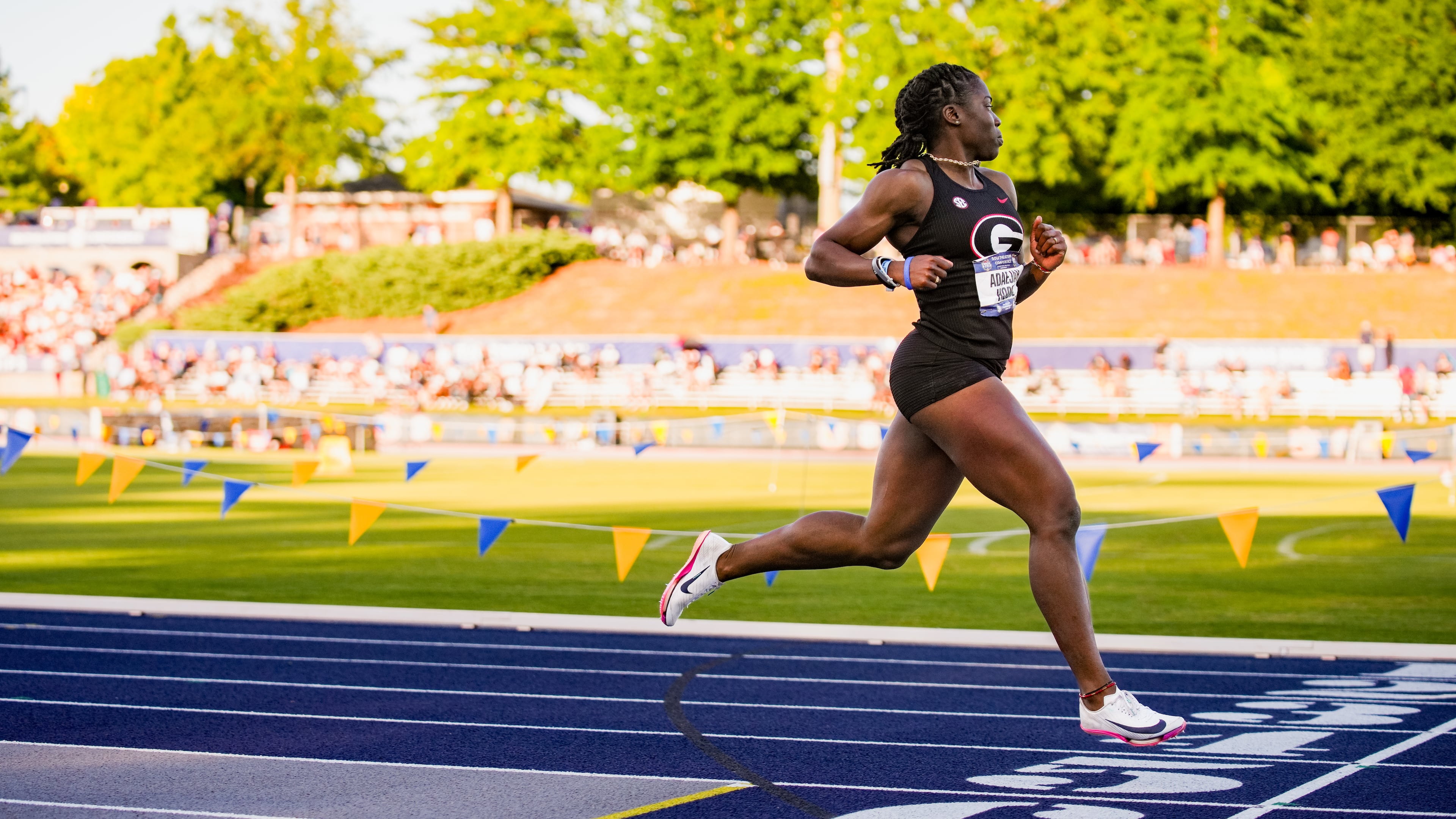 Georgia freshman sprinter Adaejah Hodge — pictured during the SEC Outdoor Track & Field Championships in May — ran the 100 meters in 10.63 seconds Thursday at the NCAA Division I Outdoor Track and Field Championships. Her time broke the college and under-20 record time of 10.75 seconds set by LSU's Sha’Carri Richardson in 2019. (Tony Walsh/UGAAA)