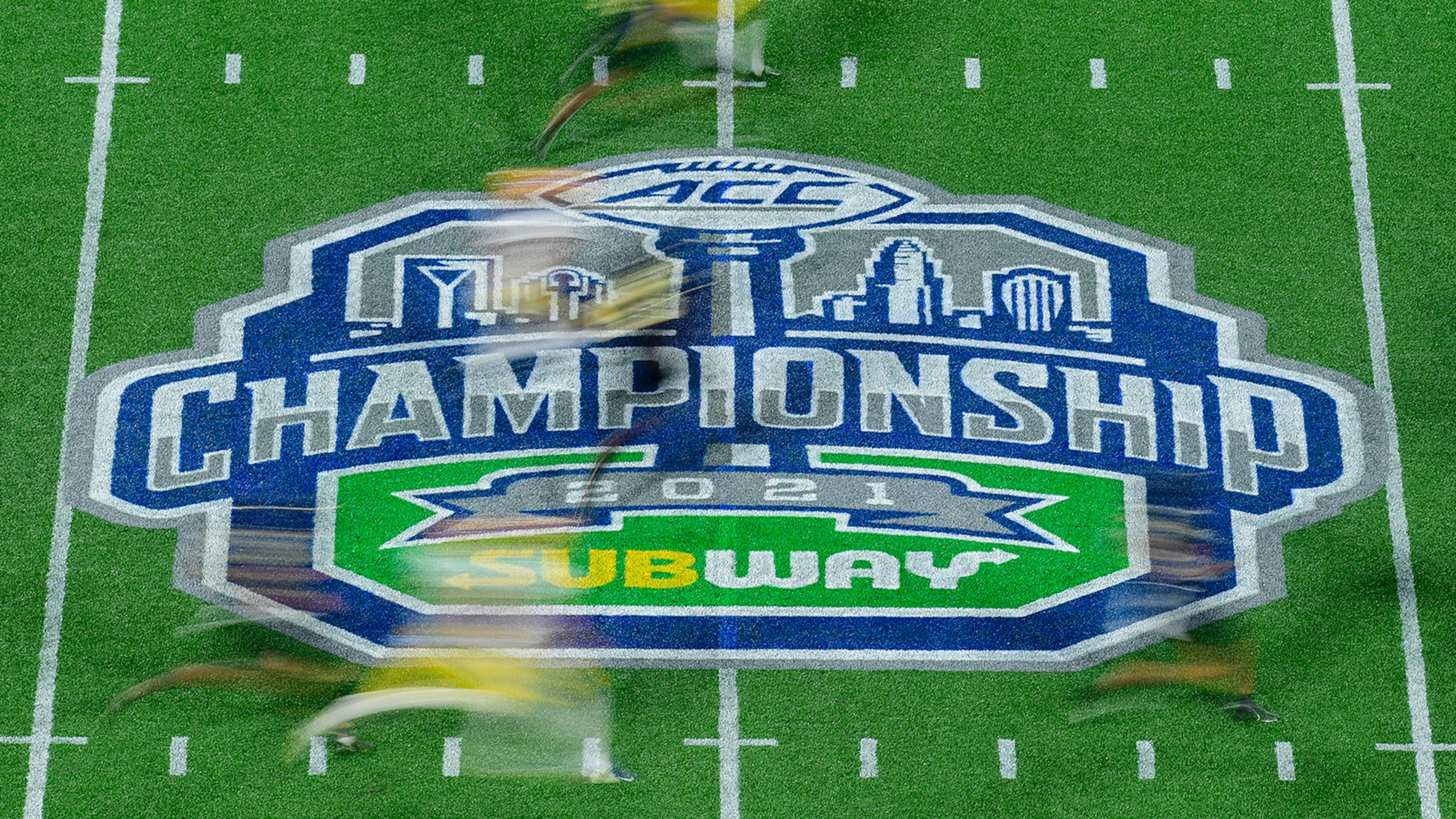 A general view of first quarter game action on the midfield logo during the ACC Championship game between the Pittsburgh Panthers and the Wake Forest Demon Deacons at Bank of America Stadium on Dec. 4, 2021, in Charlotte, North Carolina. (Logan Whitton/Getty Images/TNS)
