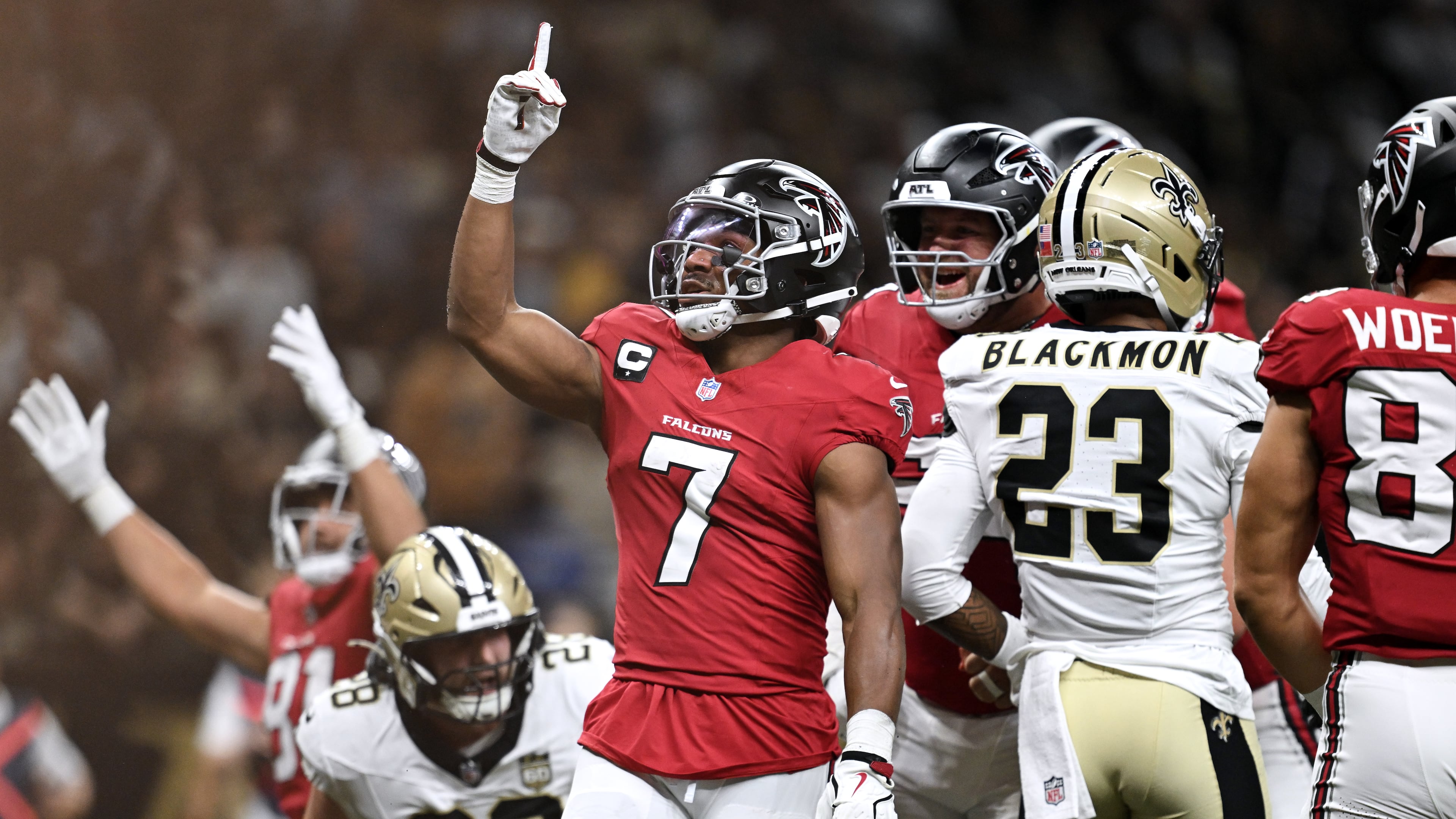 Atlanta Falcons running back Bijan Robinson (7) celebrates after scoring against the New Orleans Saints during the first half of an NFL football game in New Orleans, Monday, Oct. 5, 2026. (AP Photo/Ella Hall)