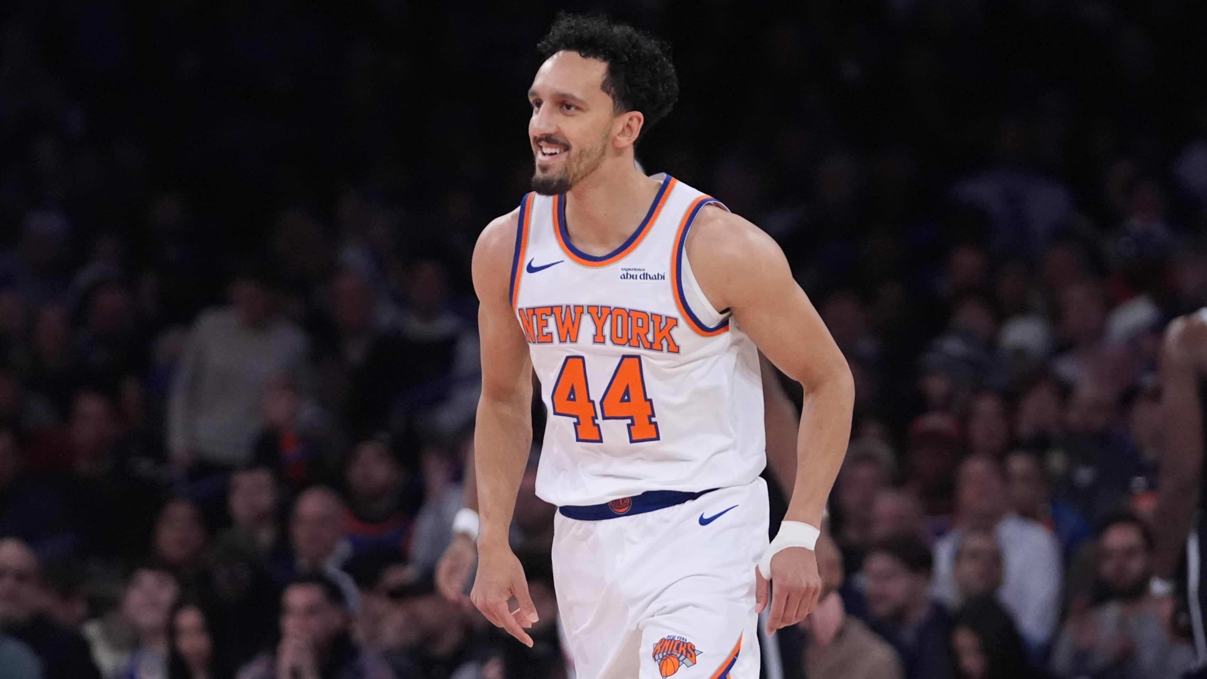 New York Knicks' Landry Shamet smiles after making a three-point shot during the second half of an NBA basketball game against the Brooklyn Nets Wednesday, Jan. 21, 2026, in New York. (AP Photo/Frank Franklin II)