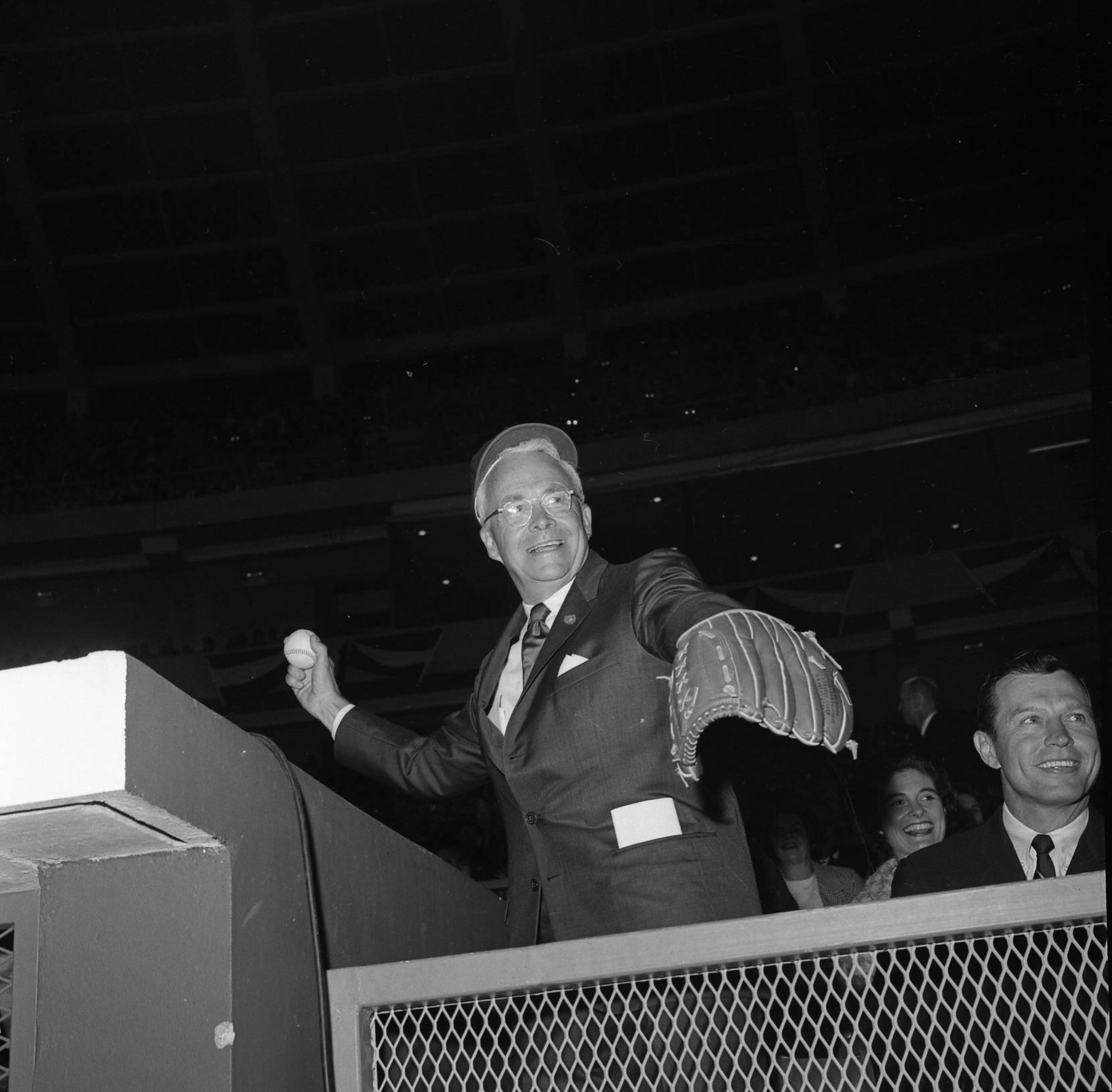 Atlanta mayor Ivan Allen Jr. throws out the ceremonial first pitch before the game at Atlanta Stadium. AJC file photo