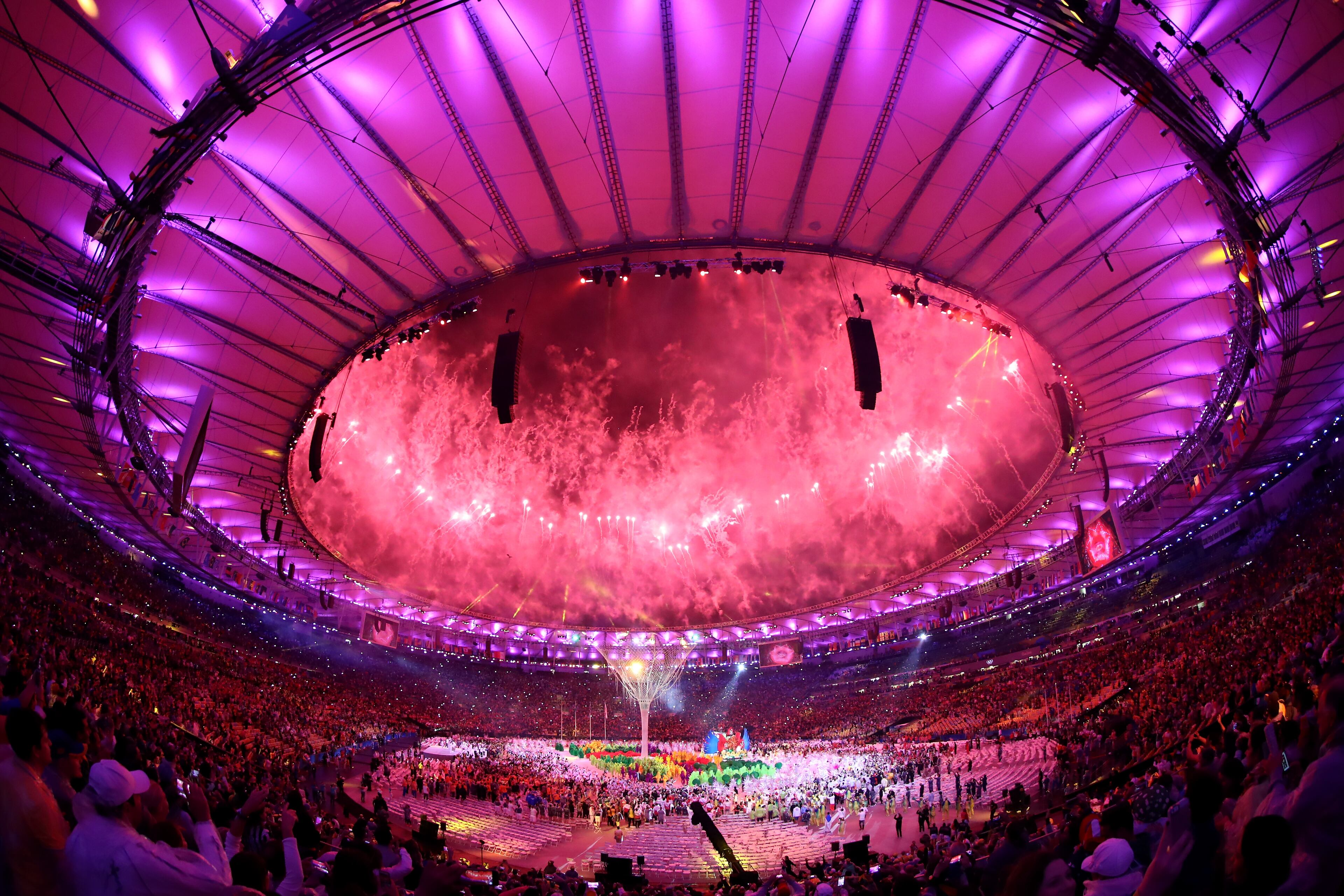 RIO DE JANEIRO, BRAZIL - AUGUST 21: Fireworks explode during the Closing Ceremony on Day 16 of the Rio 2016 Olympic Games at Maracana Stadium on August 21, 2016 in Rio de Janeiro, Brazil. (Photo by Alexander Hassenstein/Getty Images)