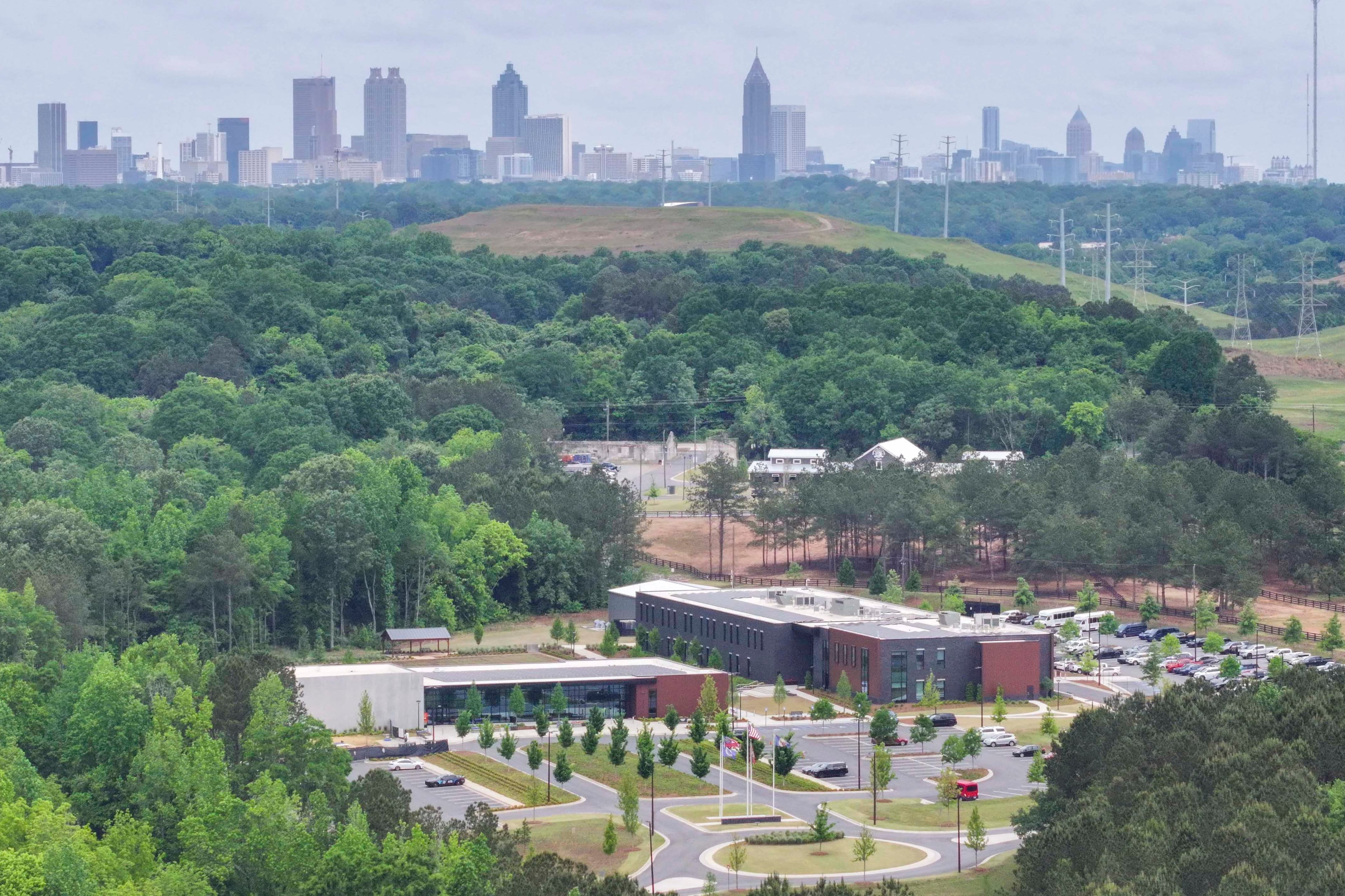 An aerial photo shows the controversial Atlanta Public Safety Training Center, located on the east side of downtown on Thursday, April 30, 2026. A year after the facility officially opened, some local residents who opposed it remain angry about how city officials handled their concerns. (Miguel Martinez/AJC)