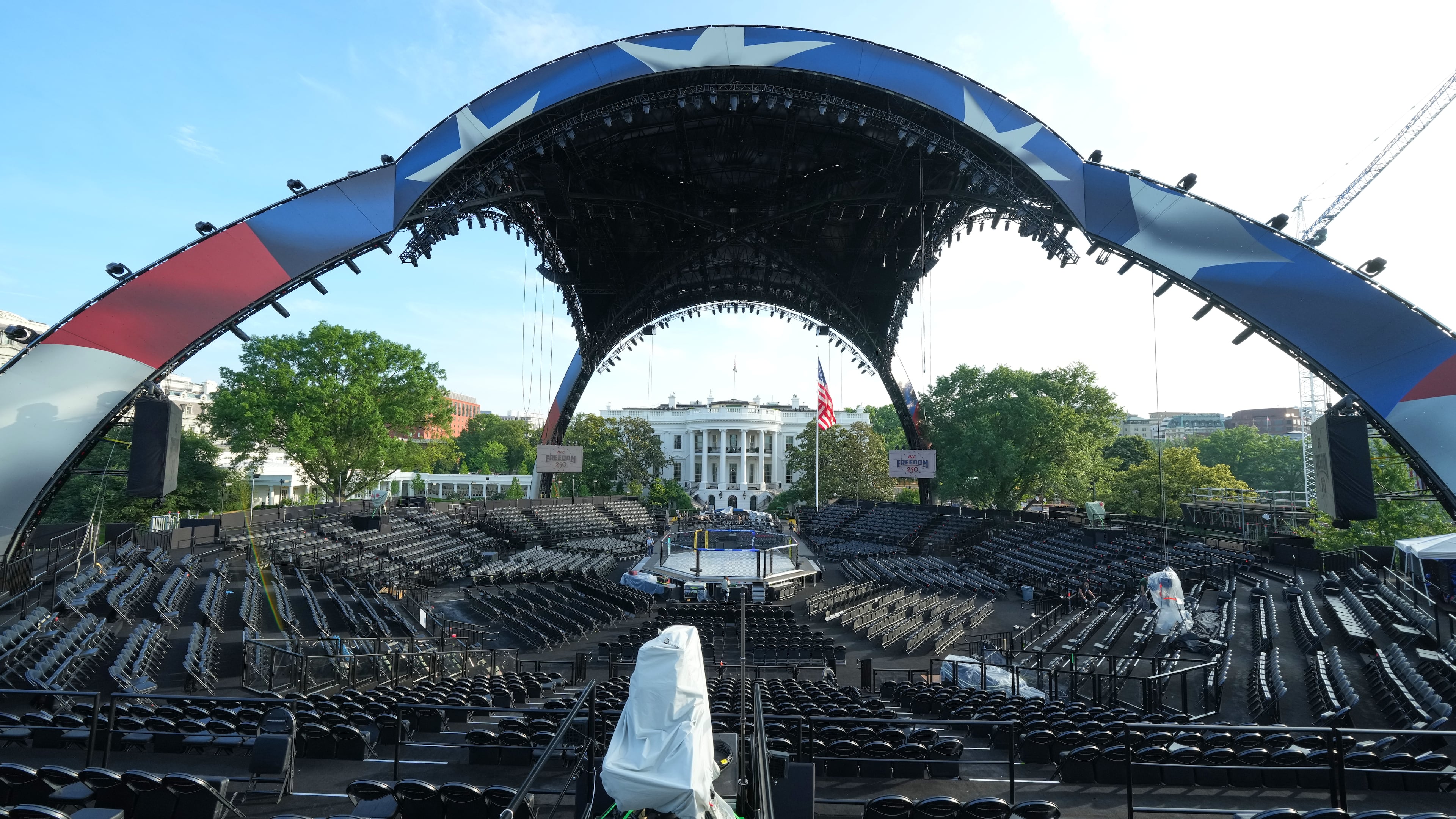The arena for the UFC Freedom 250 fights on the South Lawn of the White House is photographed Thursday, June 11, 2026, in Washington. (AP Photo/Alex Brandon)