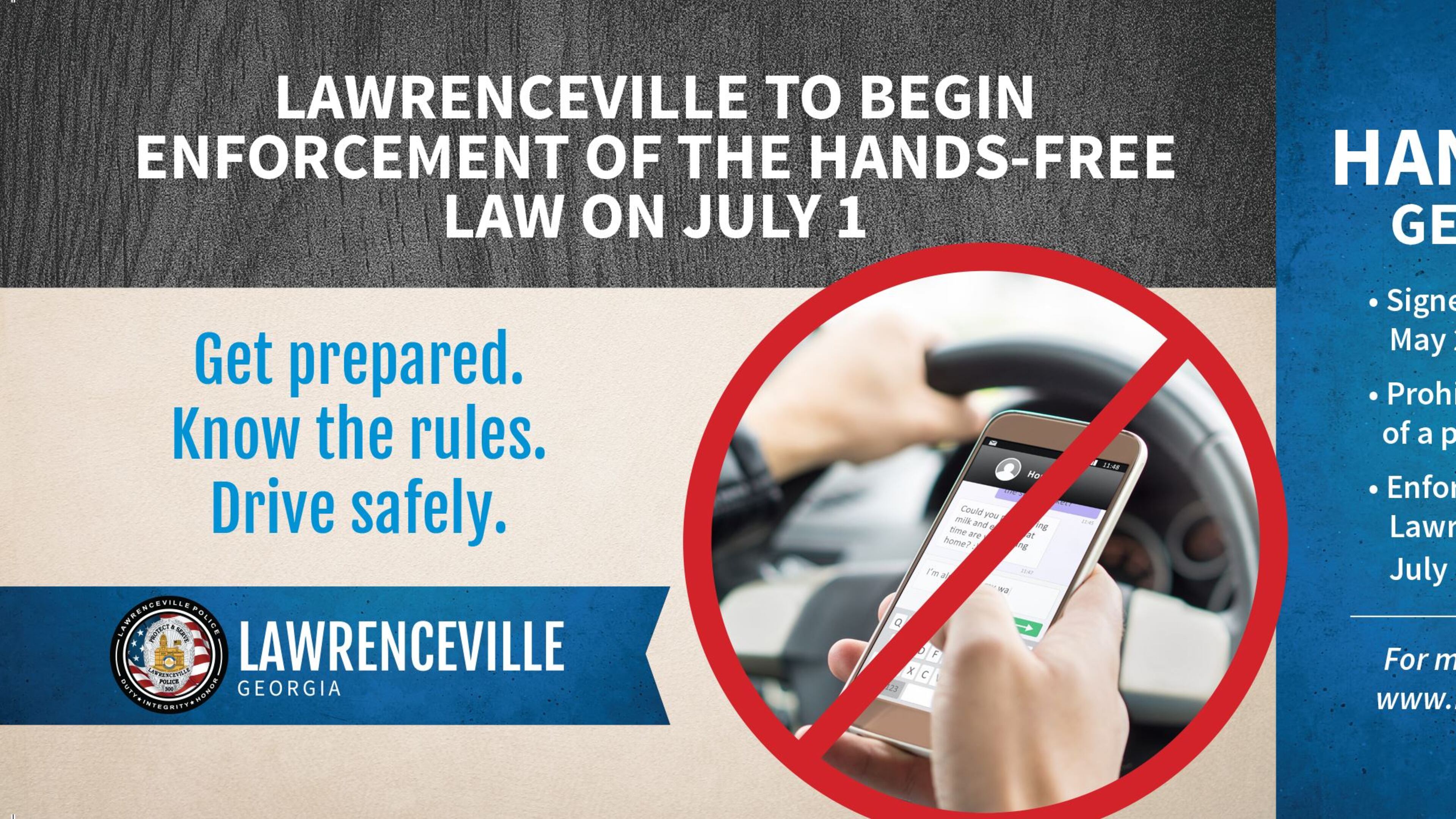 Lawrenceville Police Department warns drivers it will begin enforcement of the new Hands-Free law on July 1. Courtesy City of Lawrenceville