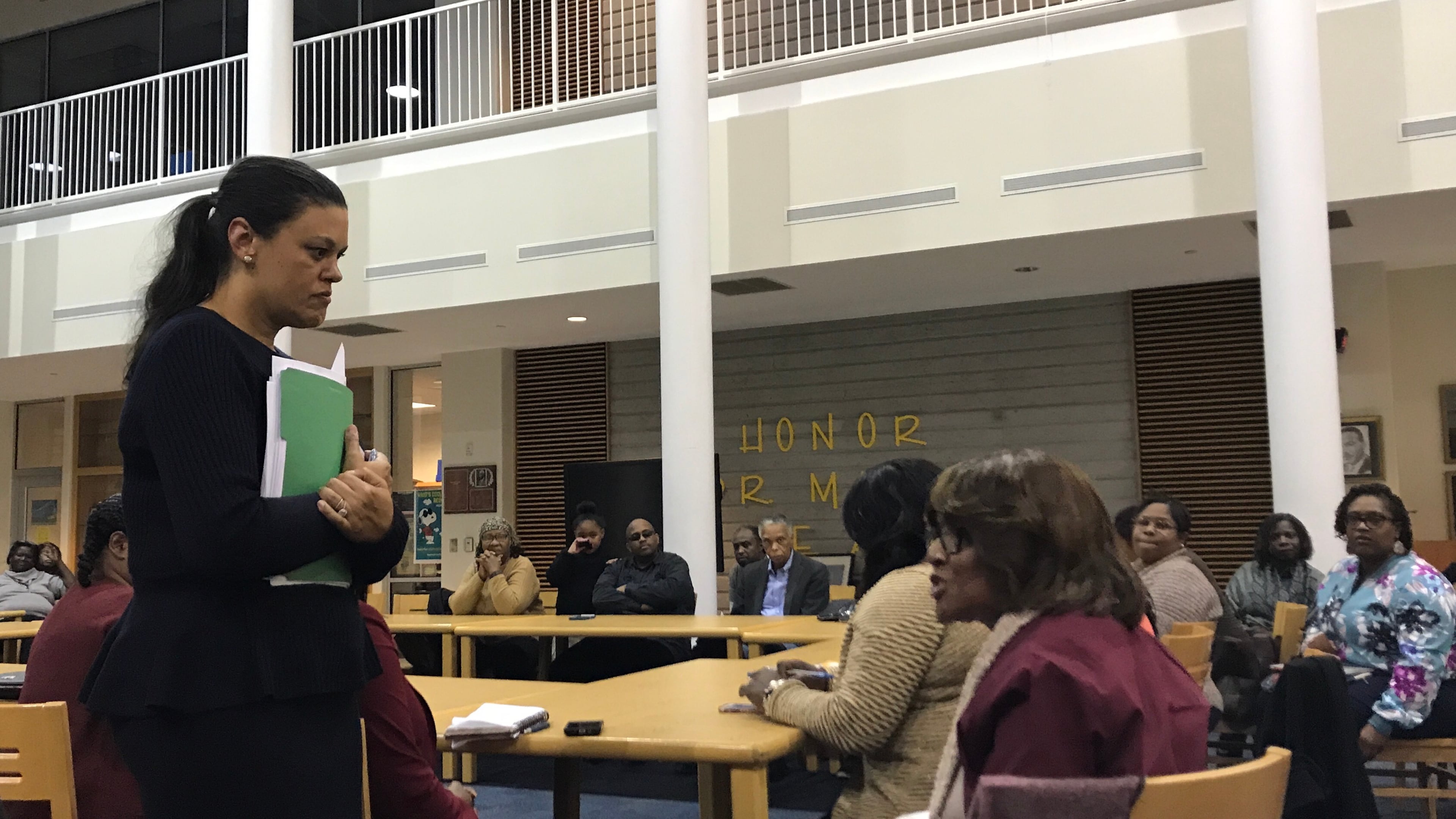 Atlanta Public Schools superintendent Meria Carstarphen, left, speaks to parents and community members during a meeting Monday at Mays High School. Photo by Vanessa McCray/AJC