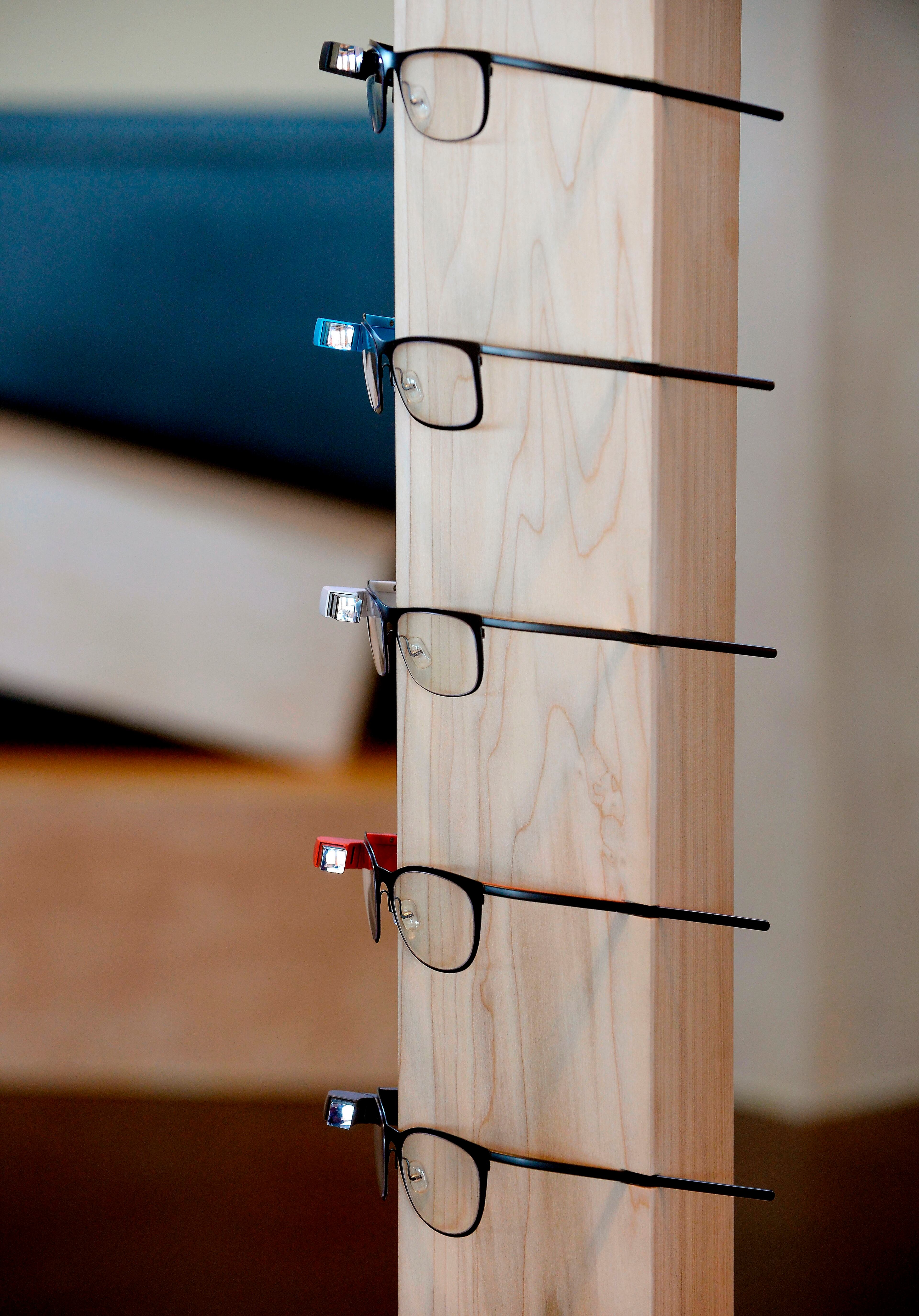 Google Glass allows technogeeks and early adopters a chance to experience the wearable computer either as a pair of prescription eyeglasses, seen here in various colors, or as stand alone headsets, shown during a stop at Puritan Mill on Saturday, Feb. 8, 2014, in Atlanta. Since the device's introduction last year, about 10,000 Glass Explorers have been invited to get Glass and use it out in the world. David Tulis / AJC Special