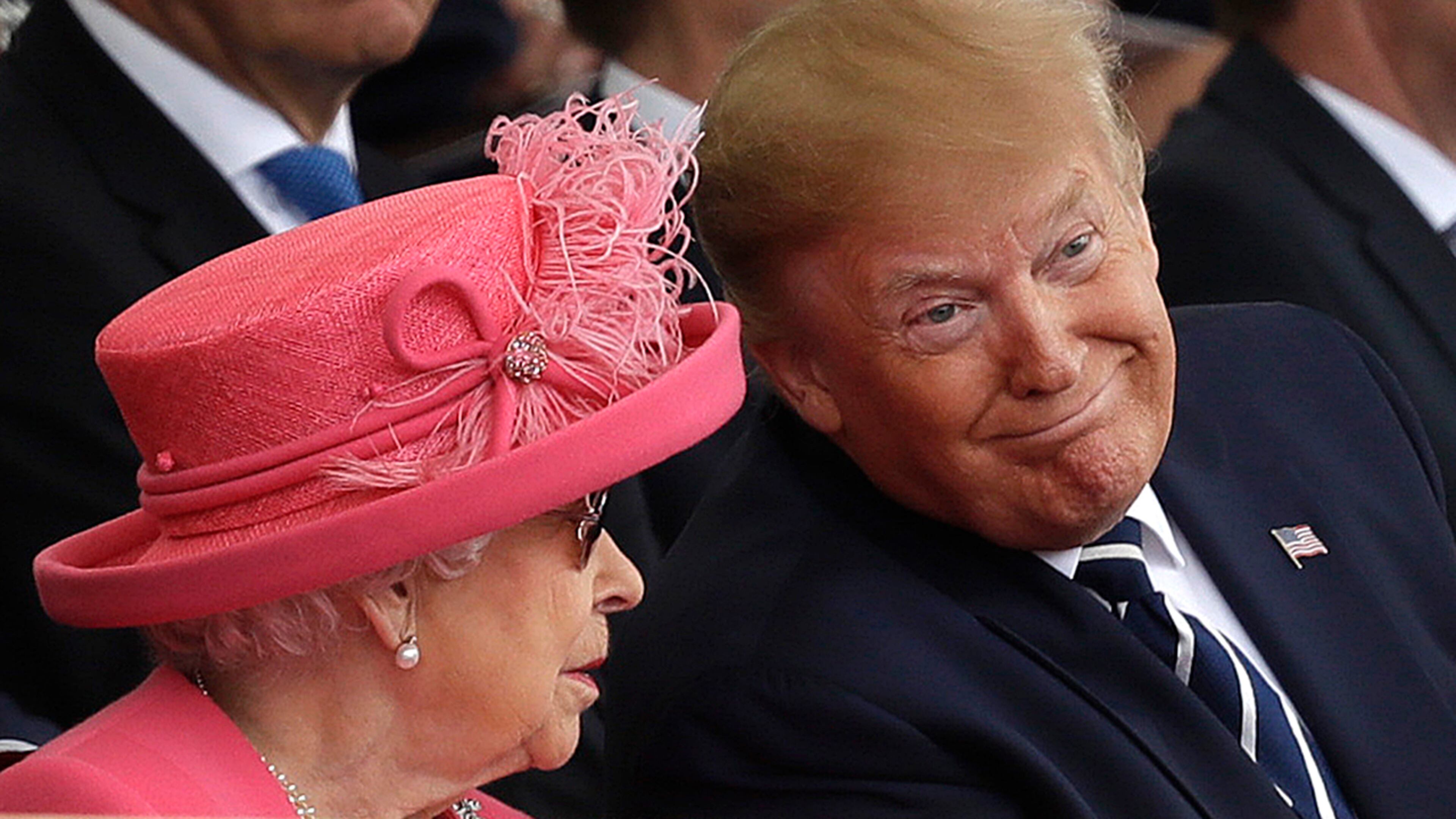 Queen Elizabeth II speaks with President Donald Trump during an event to mark the 75th anniversary of D-Day in Portsmouth, England Wednesday, June 5, 2019. World leaders including U.S. President Donald Trump are gathering Wednesday on the south coast of England to mark the 75th anniversary of the D-Day landings. (AP Photo/Matt Dunham)