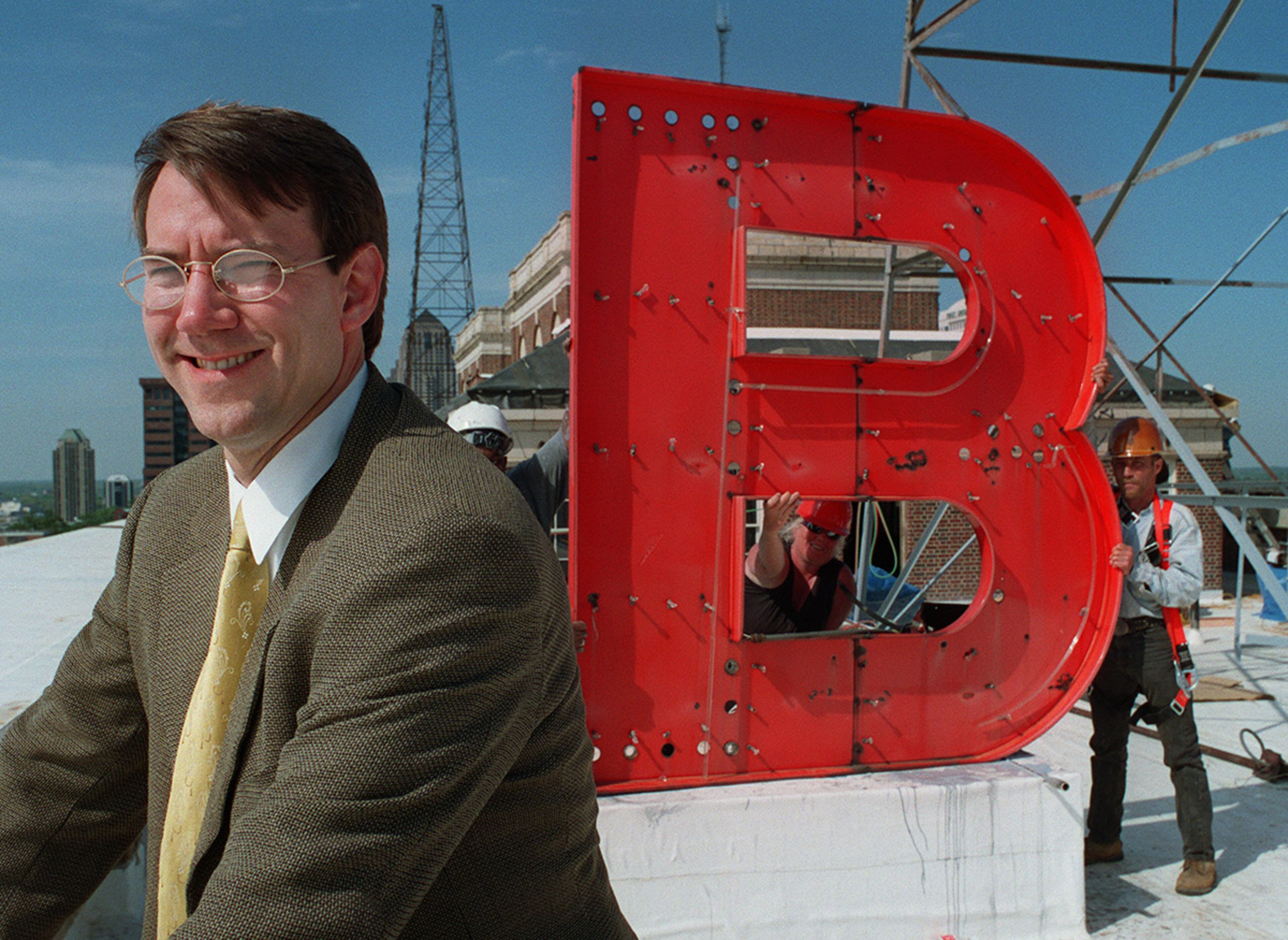 Jim Borders (seen here in 1999) continues: "When Novare bought the building in 1998, the E on the northern end (later found in the basement) and the L on the southern end (rumored to be in the basement of the Lambda Chi house at Ga Tech prior the Olympics but moved somewhere in the renovation of that house in preparation for that and never recovered) were both missing. The letters, which are copper and over six feet tall, were taken down, the missing letters reproduced, and then all were reinstalled looking to the west in order to give the building a symmetrical appearance." (WILLIAM BERRY / AJC file)