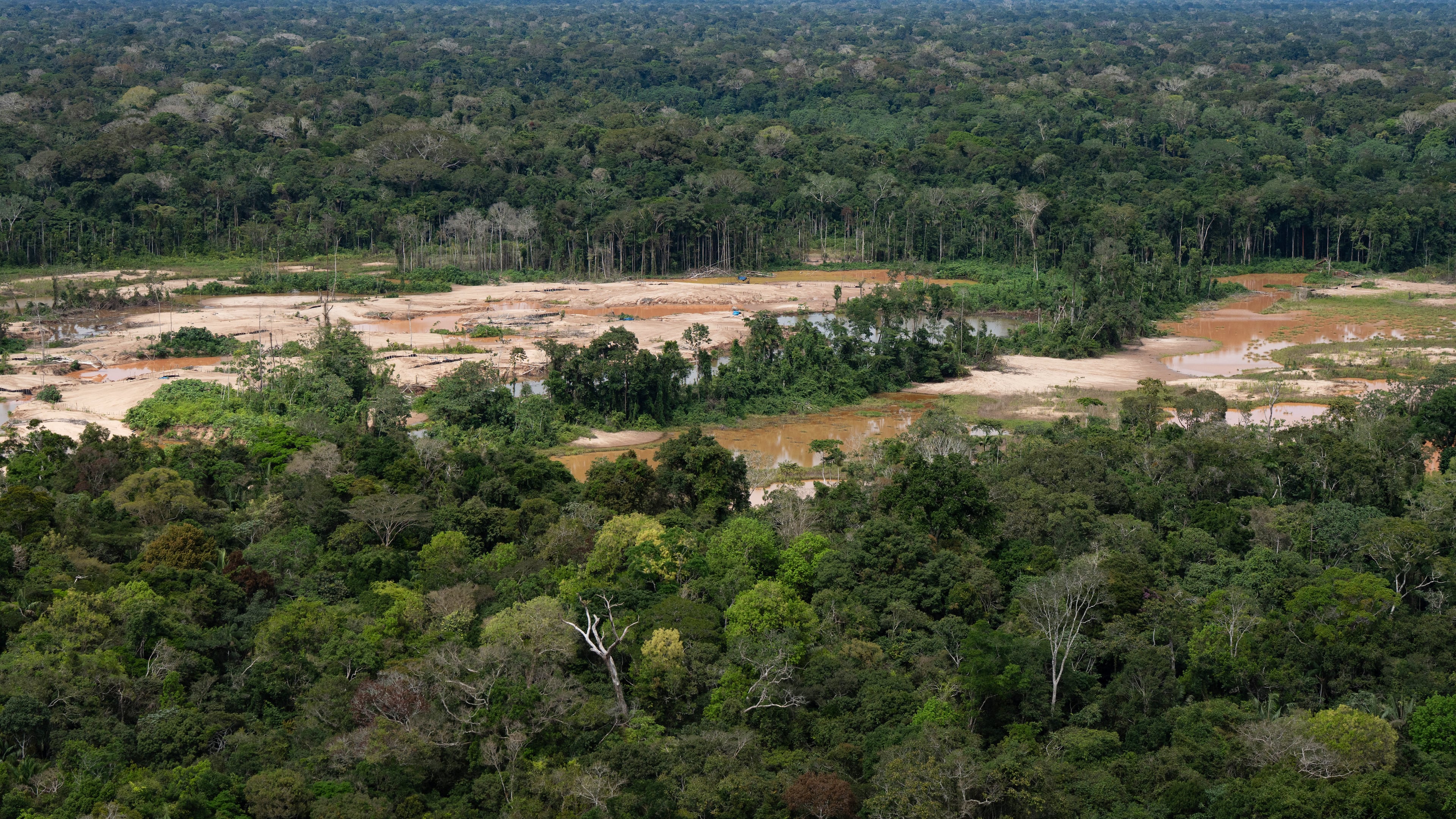 FILE - Deforestation from illegal mining surrounds the Malinowski River in the Tambopata National Reserve in Puerto Maldonado, Peru, Aug. 11, 2026. (AP Photo/Guadalupe Pardo, File)