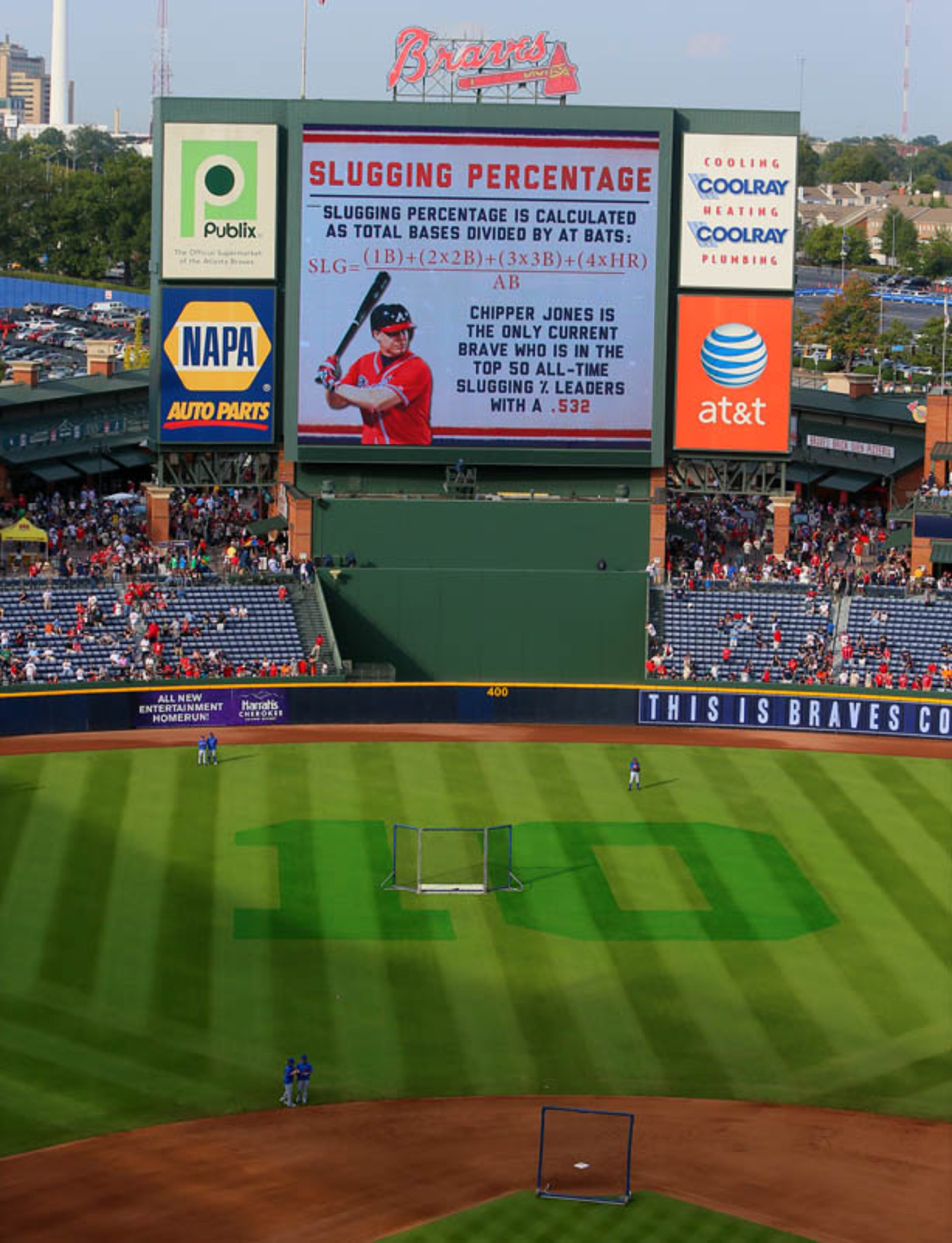 The Atlanta Braves ground crew designed a giant 10 in center field to honor Chipper Jones at Turner Field.