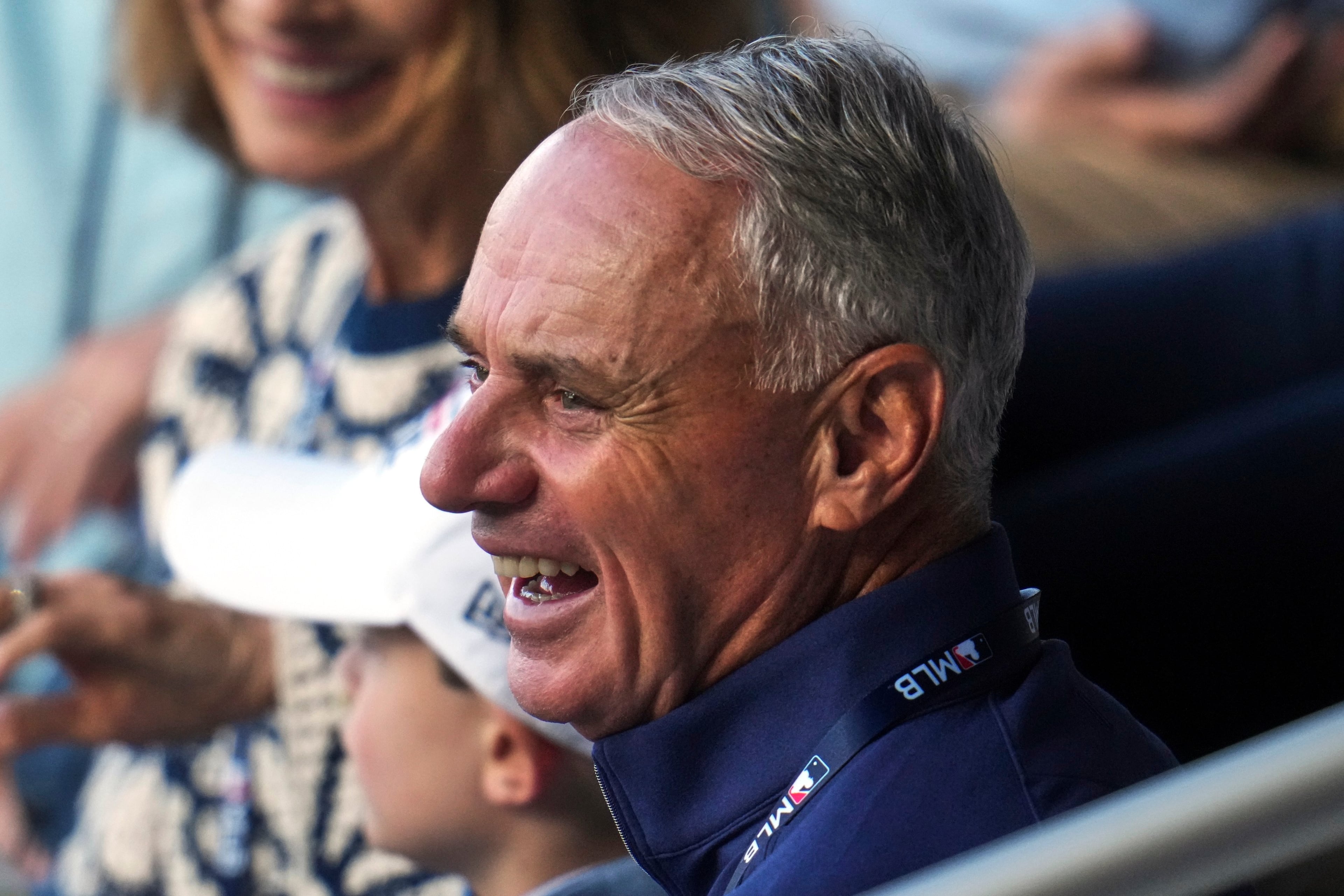 Commissioner Rob Manfred, watching the Braves and Brewers during the Little League Classic. These words don't count. (Gene J. Puskar/AP)