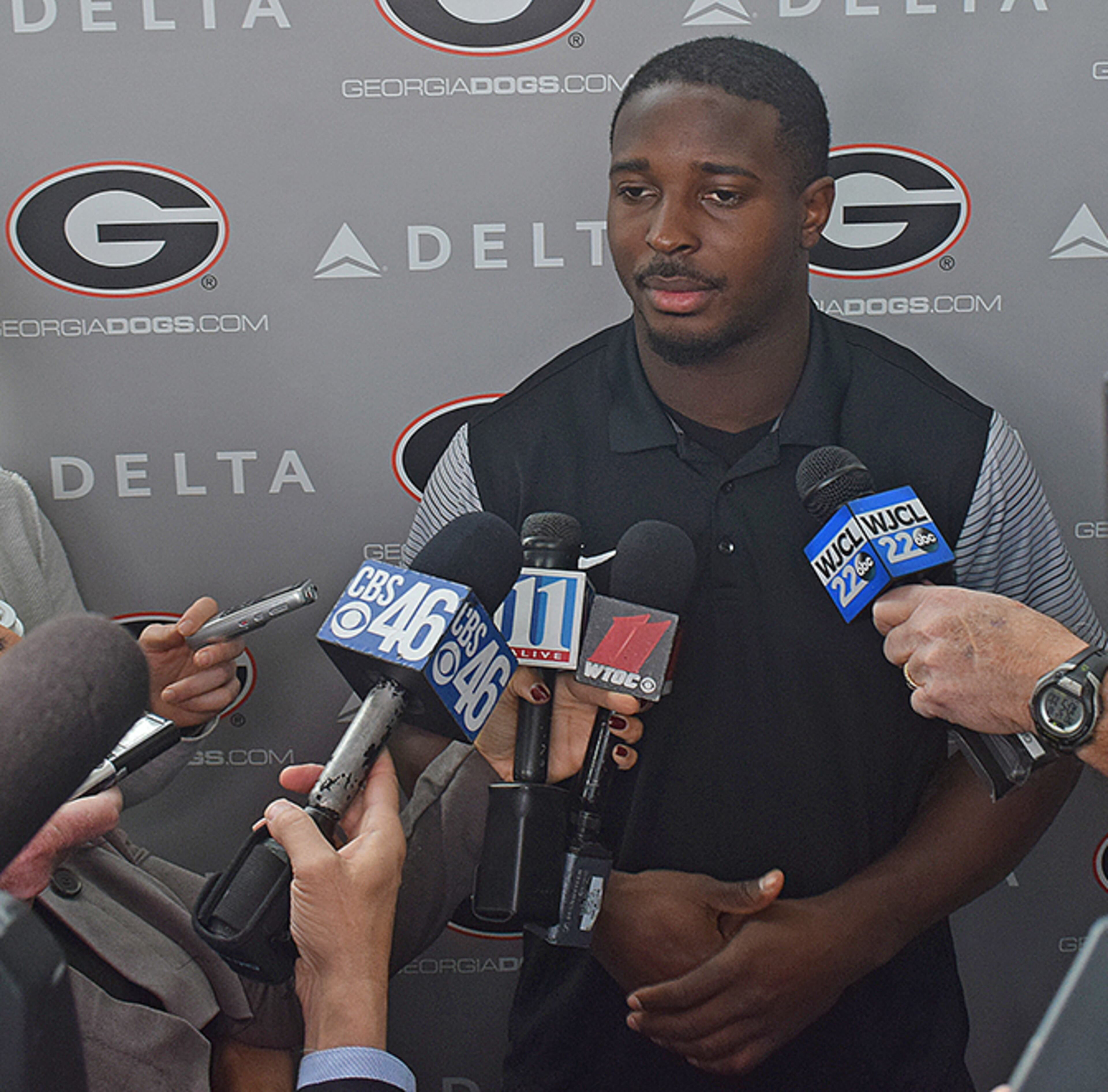 Georgia tailback Sony Michel (1) during the Bulldogs' media session at Bitts-Mehre Heritage Hall in Athens, Ga., on Monday, Dec. 18, 2017. (Photo by Steven Colquitt)