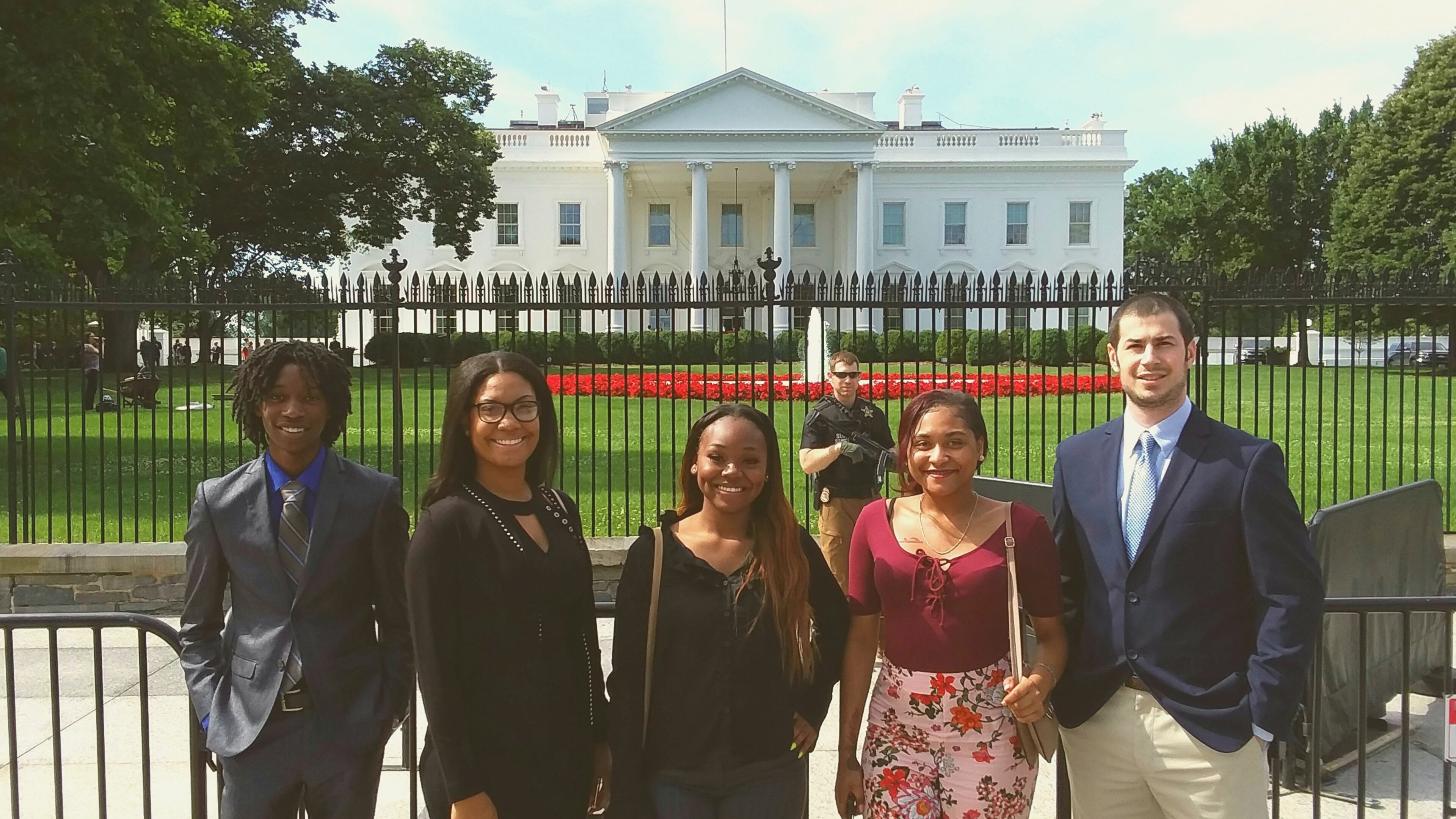 Redan High School in Stone Mountain has turned into a powerhouse in the national stock market game, and its students won a trip to Washington as a result. Shown here, from left: Adrian Brewster, Shania Hinds, Jacarria Harris, Alexis Goings and coach William Roth.