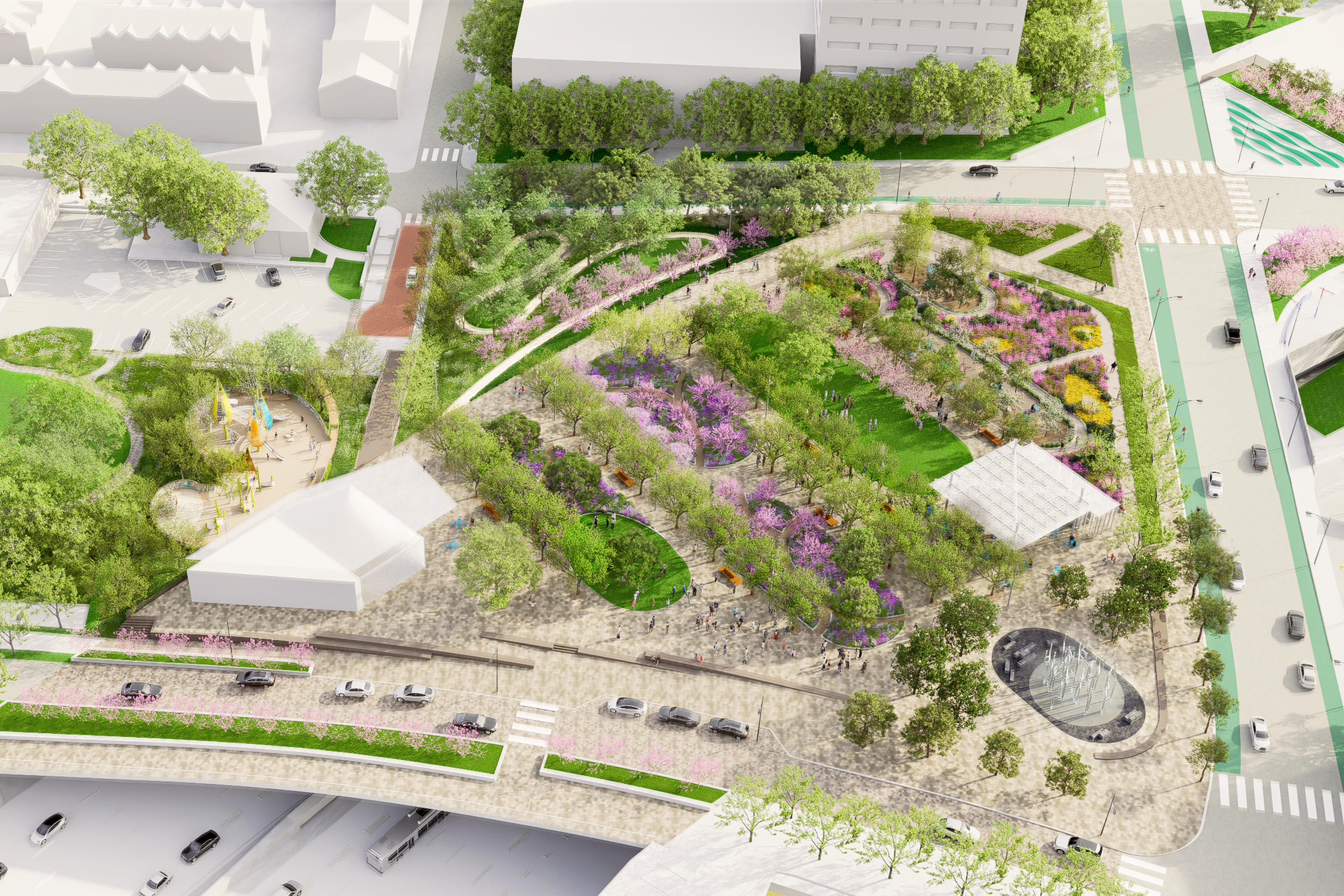This is an aerial rendering of the first phase of The Stitch in downtown Atlanta. This is a rendering of a planned public space called Fog Forest within the first phase of The Stitch. It was unveiled Wednesday, Oct. 22, 2025 at the inaugural Downtown Day hosted by Central Atlanta Progress and the Atlanta Downtown Improvement District.