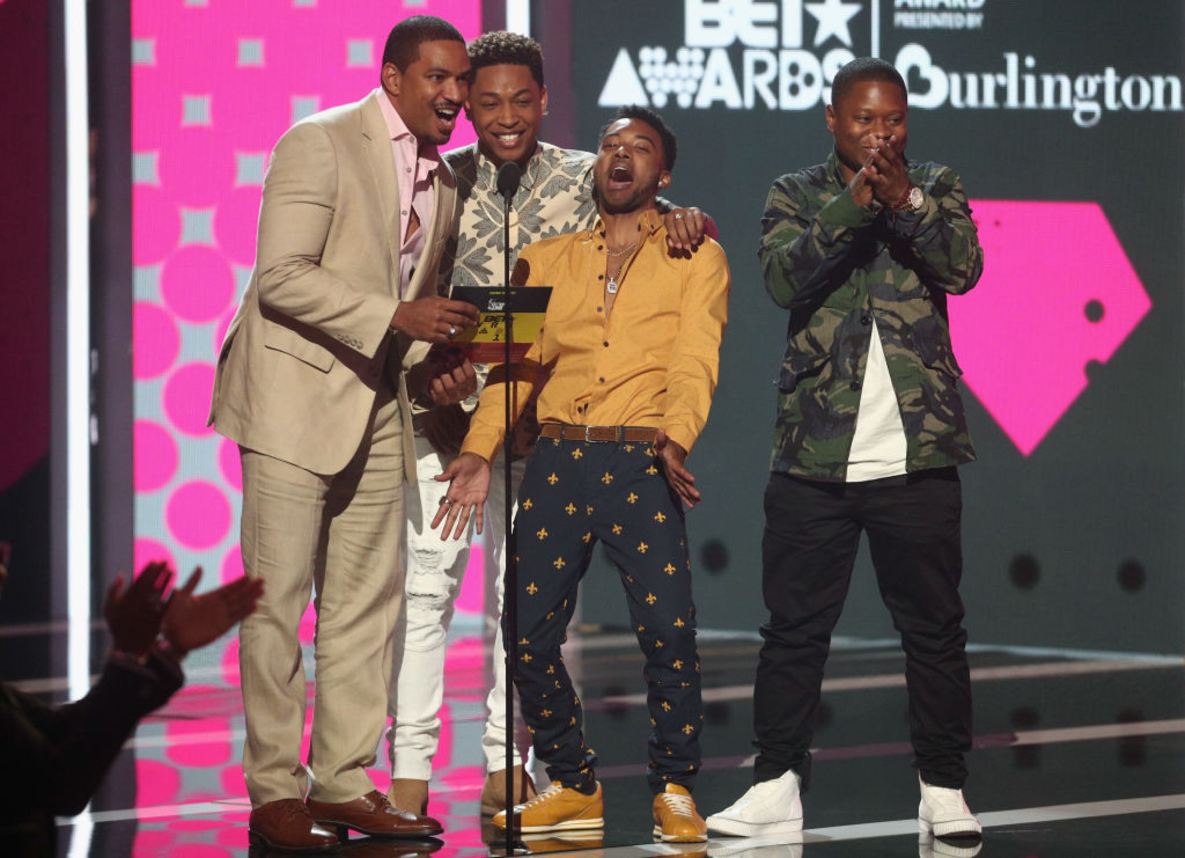 LOS ANGELES, CA - JUNE 25: (L-R) Laz Alonso, Jacob Latimore, Algee Smith and Jason Mitchell speak onstage at 2017 BET Awards at Microsoft Theater on June 25, 2017 in Los Angeles, California. (Photo by Frederick M. Brown/Getty Images )