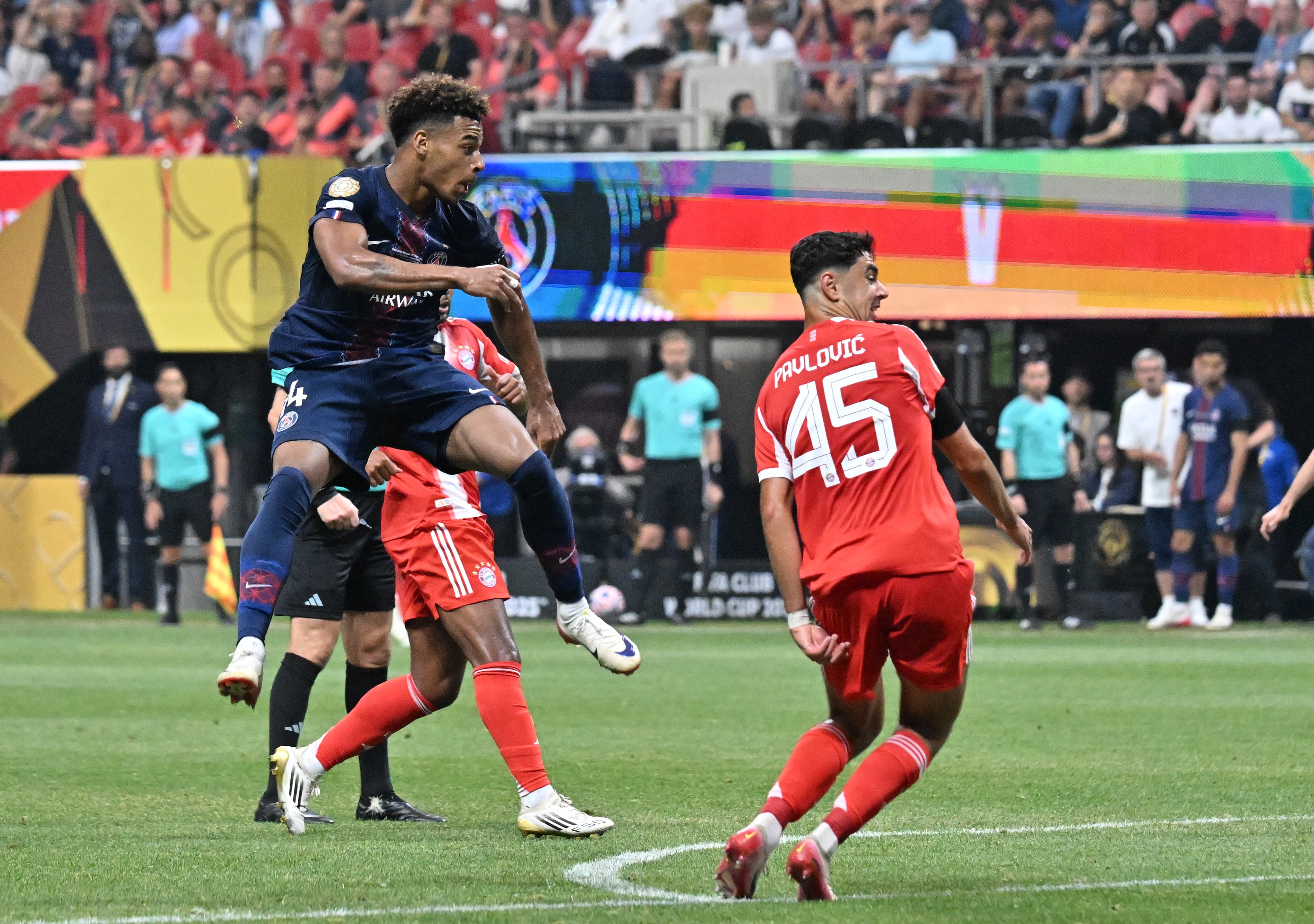 Paris Saint-Germain midfielder Désiré Doué (14) makes a shot on goal during the second half in Club World Cup quarterfinals match at Mercedes-Benz Stadium, Saturday, July 5, 2025, in Atlanta. Paris Saint-Germain won 2-0 over Bayern Munich. (Hyosub Shin / AJC)