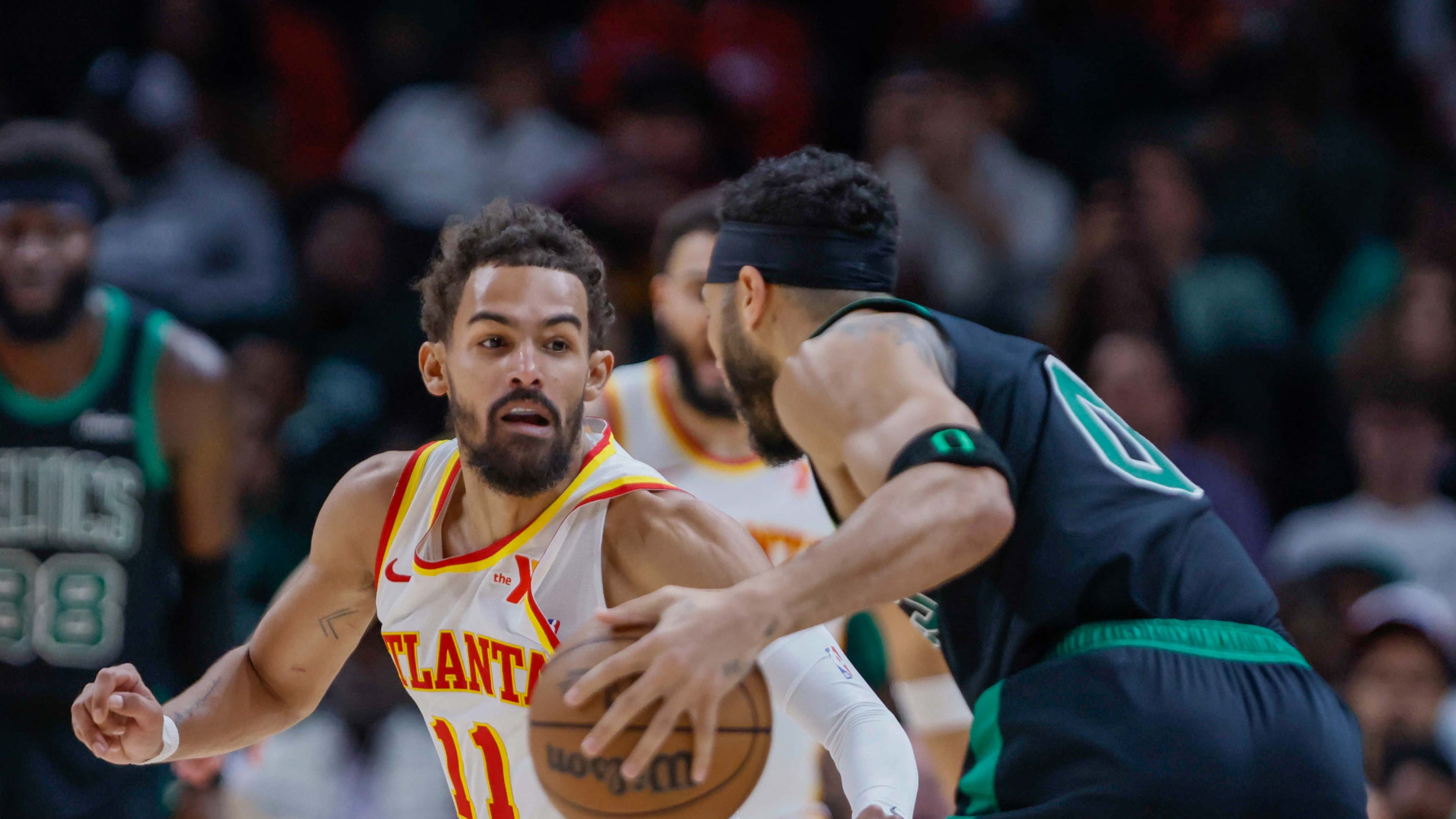 Hawks guard Trae Young suffered a rib injury against the Celtics Monday at State Farm Arena.