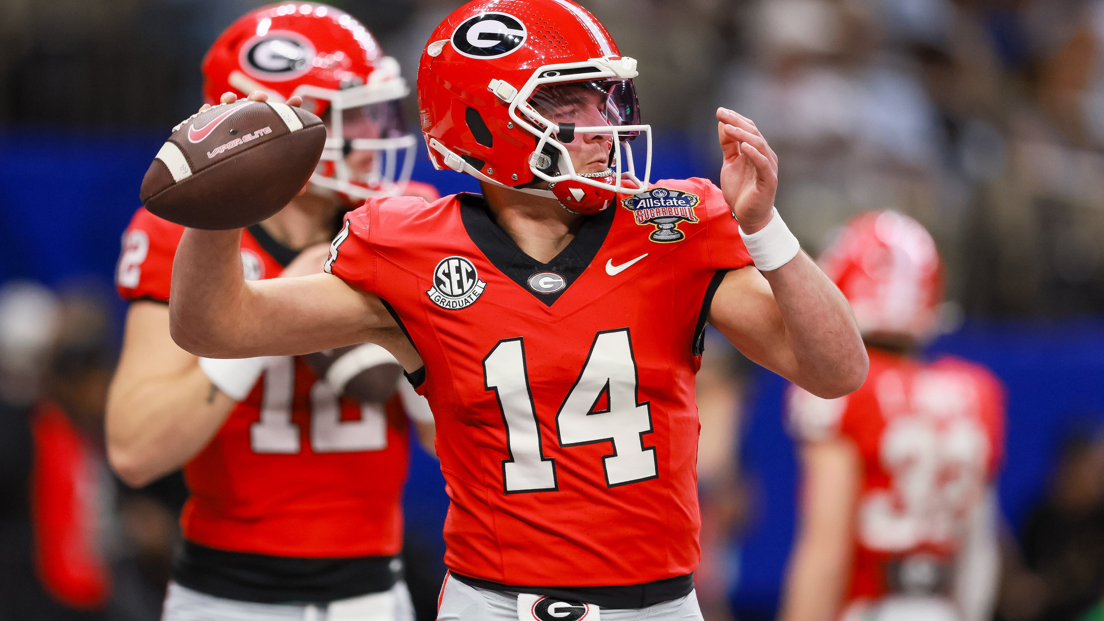 Georgia Bulldogs quarterback Gunner Stockton warms up before the NCAA College Football Playoff quarterfinal game against Ole Miss at the Sugar Bowl in the Caesars Superdome, Thursday, Jan. 1, 2026, in New Orleans. (Jason Getz/AJC)