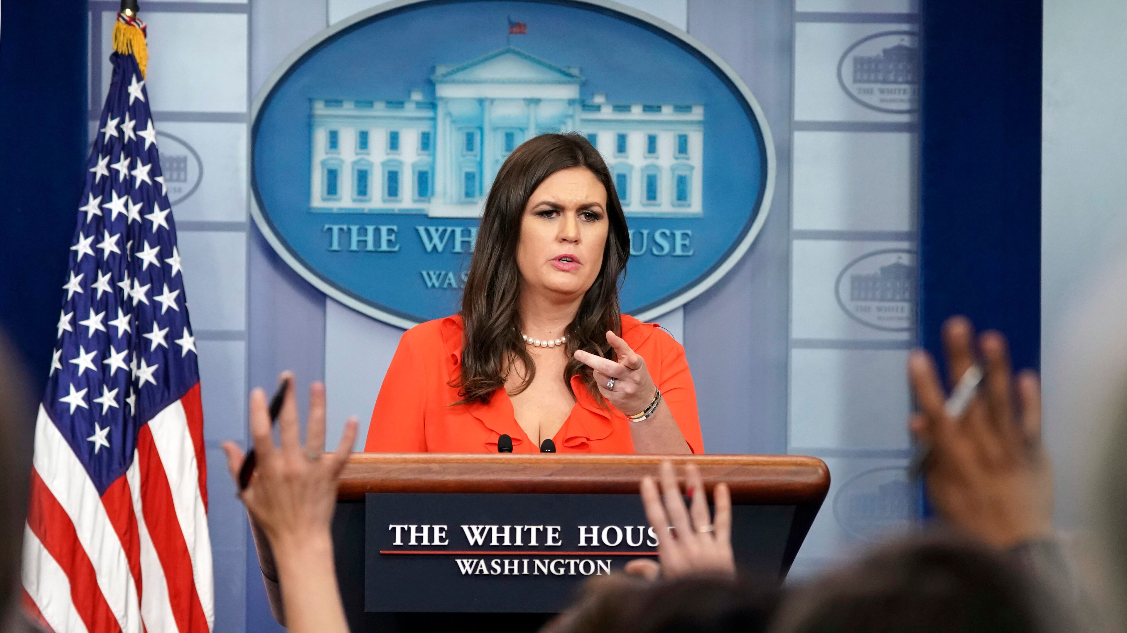 White House press secretary Sarah Huckabee Sanders takes questions from the media during the daily briefing in the Brady Press Briefing Room of the White House, Tuesday, Oct. 24, 2017. (AP Photo/Pablo Martinez Monsivais)