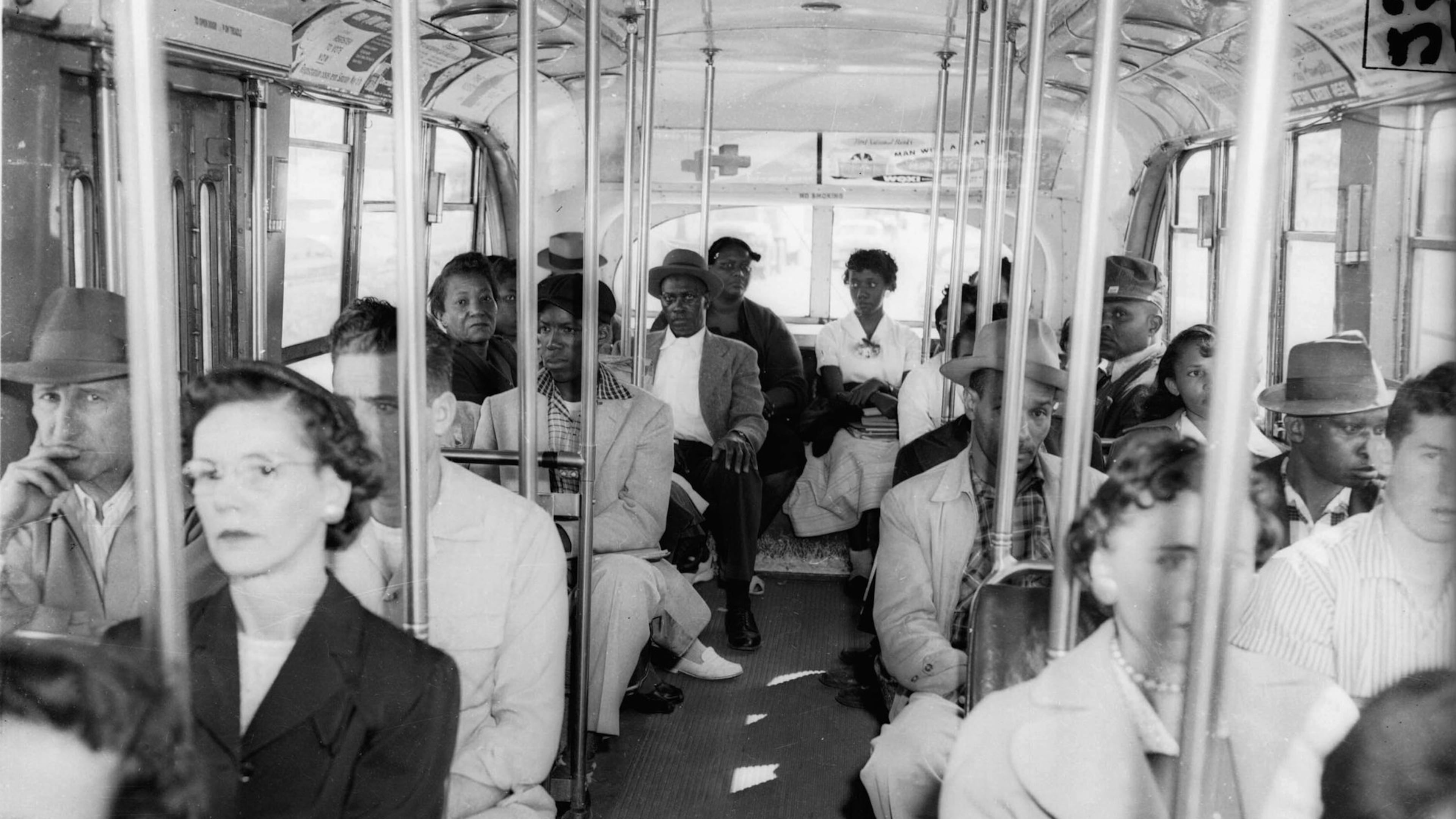 Black and white passengers sit segregated on an Atlanta trolleybus in April 1956. The trolleybus system replaced Atlanta’s original streetcar line, which ended in 1949. (HORACE CORT, ASSOCIATED PRESS FILE PHOTO)