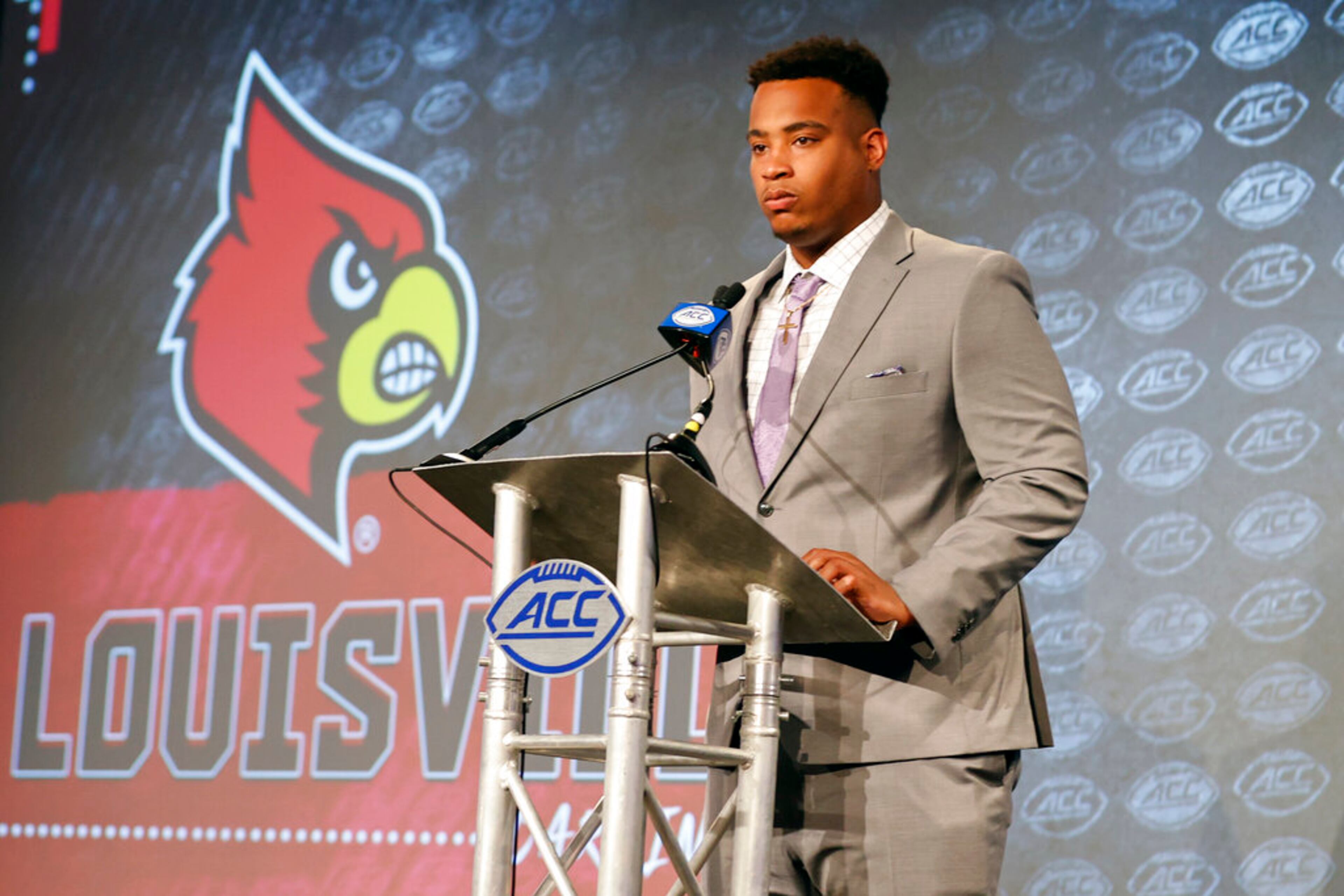 Louisville offensive guard Caleb Chandler answers a question at the NCAA college football Atlantic Coast Conference Media Days in Charlotte, N.C., Wednesday, July 20, 2022. (AP Photo/Nell Redmond)
