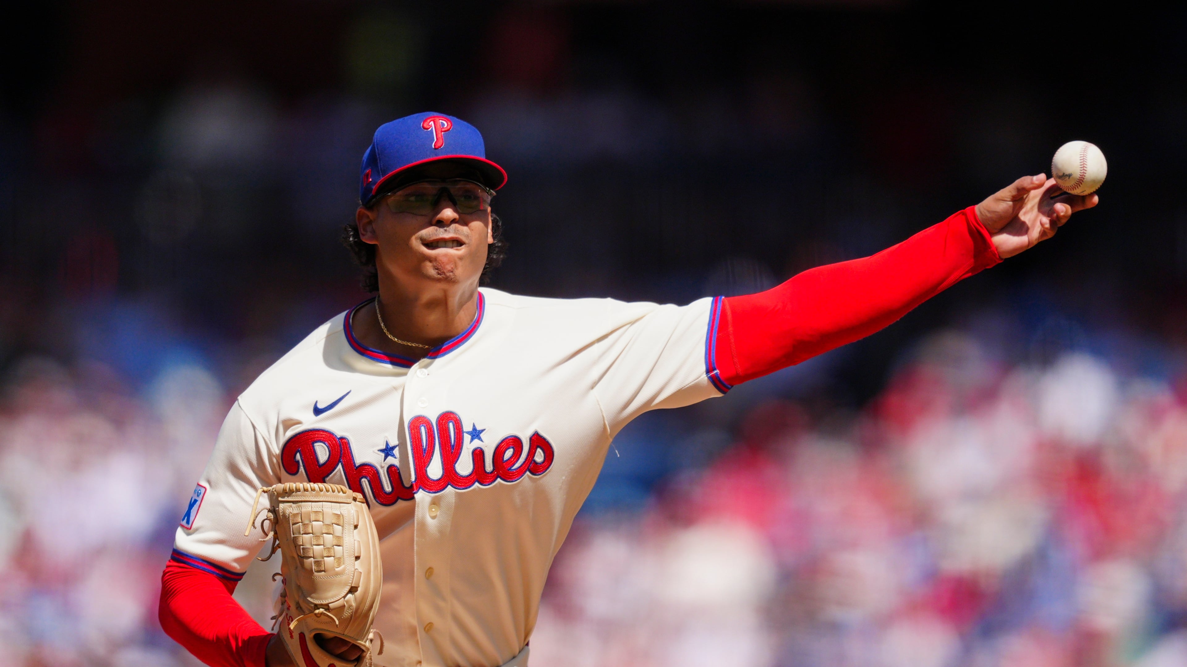 Philadelphia Phillies pitcher Jesús Luzardo throws during the first inning of a baseball game against the Atlanta Braves, Monday, Sept. 7, 2026, in Philadelphia. (AP Photo/Derik Hamilton)