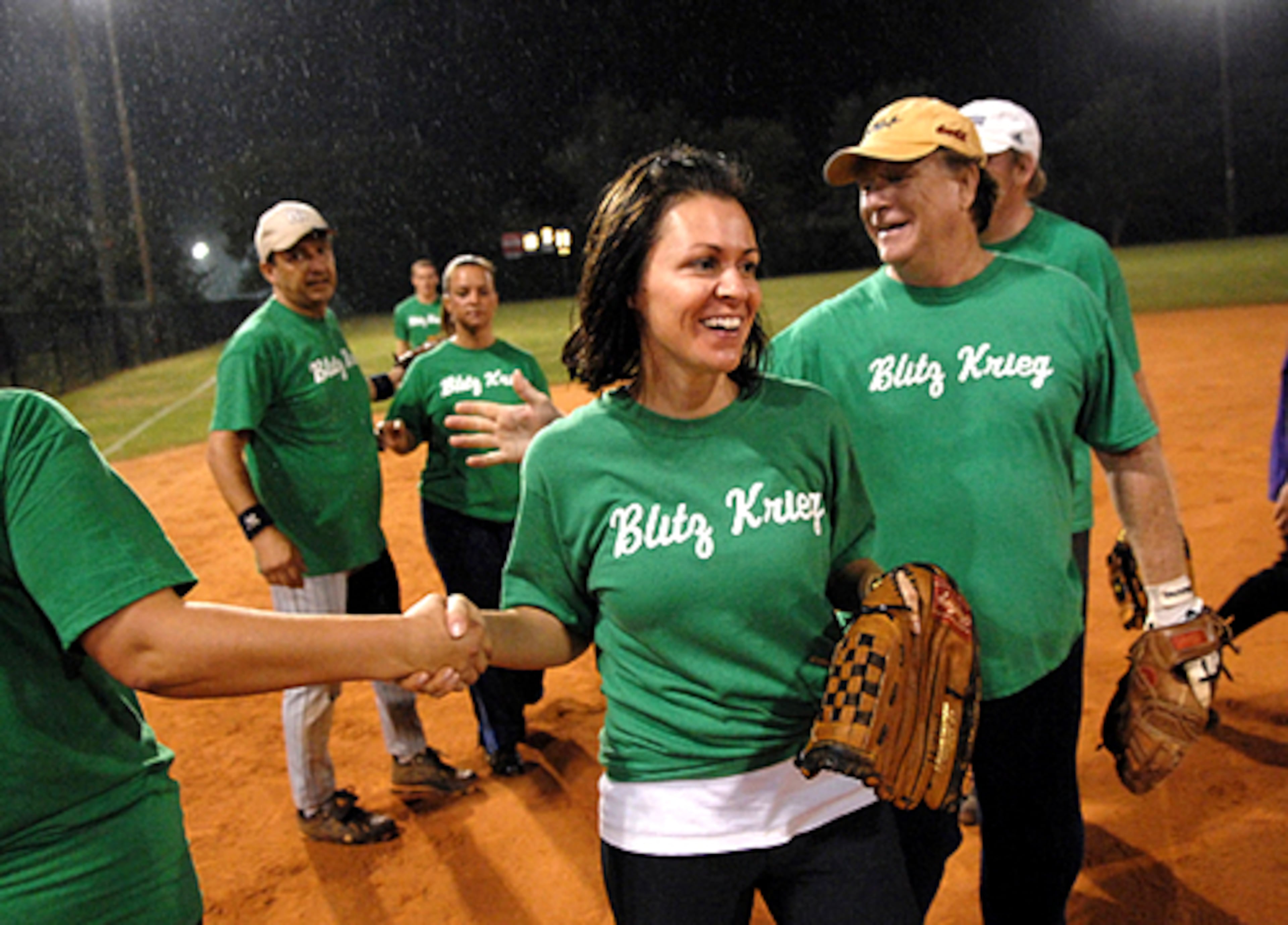 Hudson and teammates congratulate each after their win.