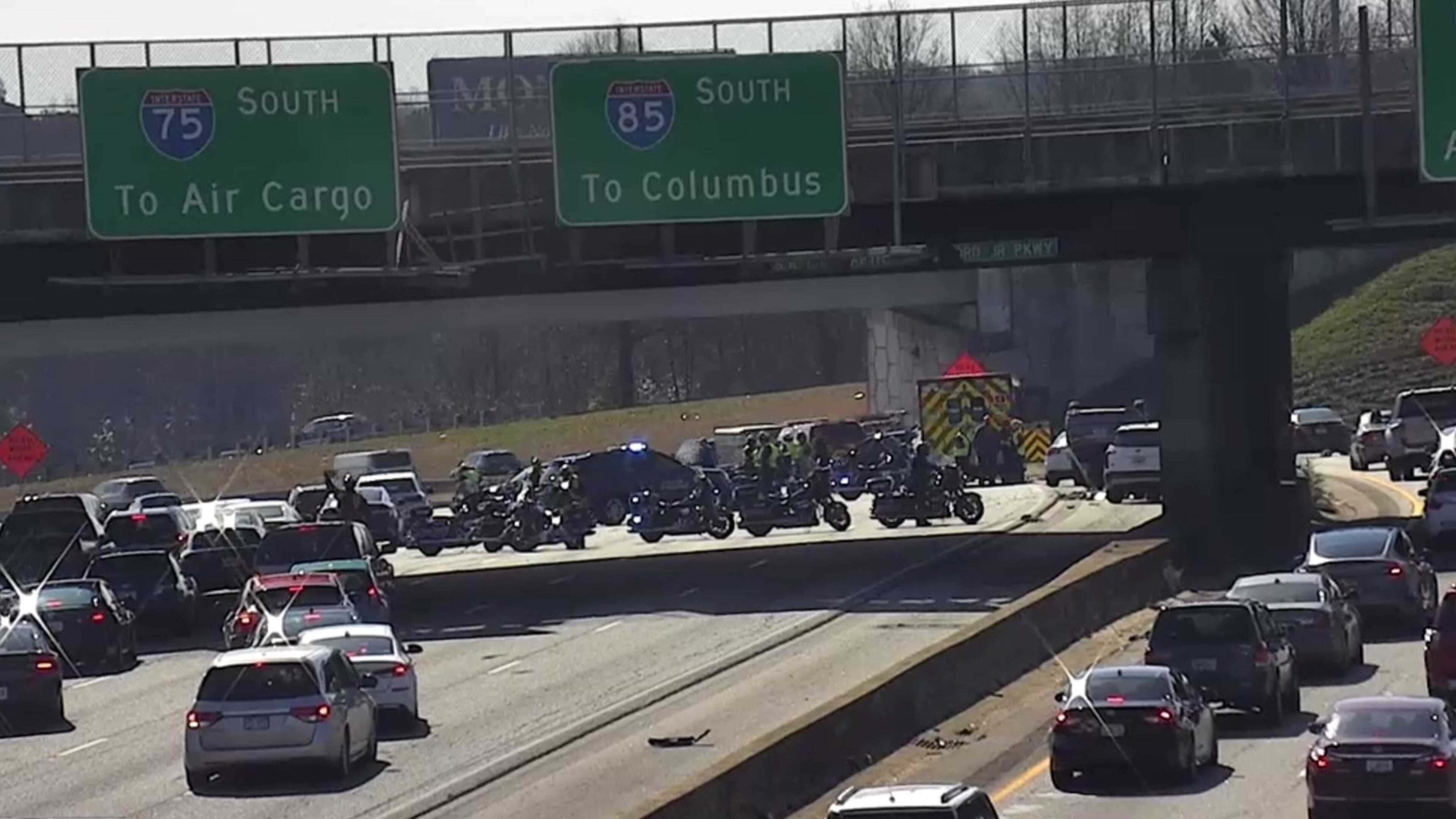 Authorities shut down multiple lanes to investigate a six-car pileup Friday afternoon on the Downtown Connector. A Decatur man was arrested. (Credit: Georgia Department of Transportation)