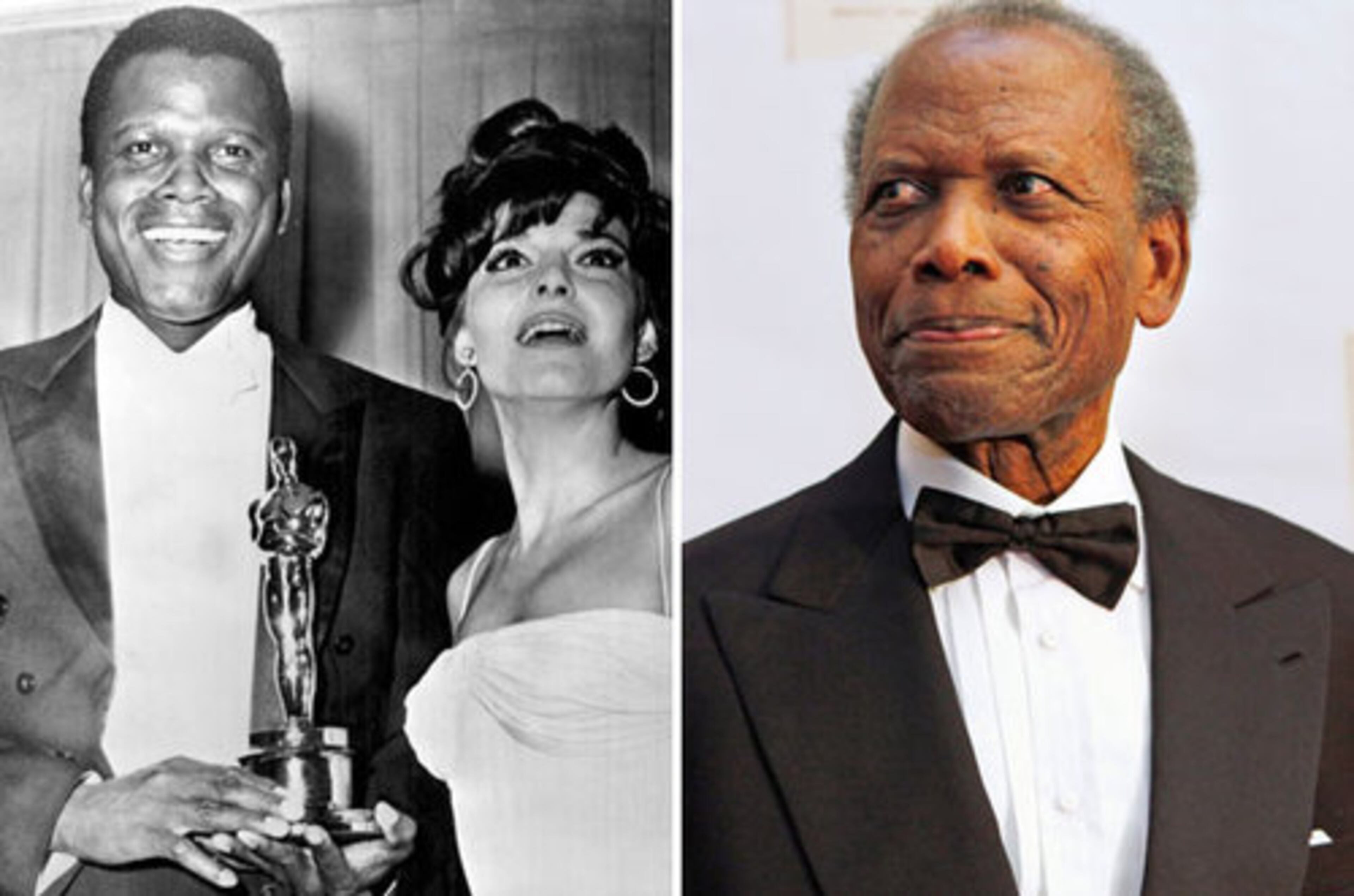 Actor Sidney Poitier has turned into a handsome older gentleman in his mid-80s since he was photographed at left receiving an award for best actor of the year for his role in "Lilies of the Field" in 1964.
