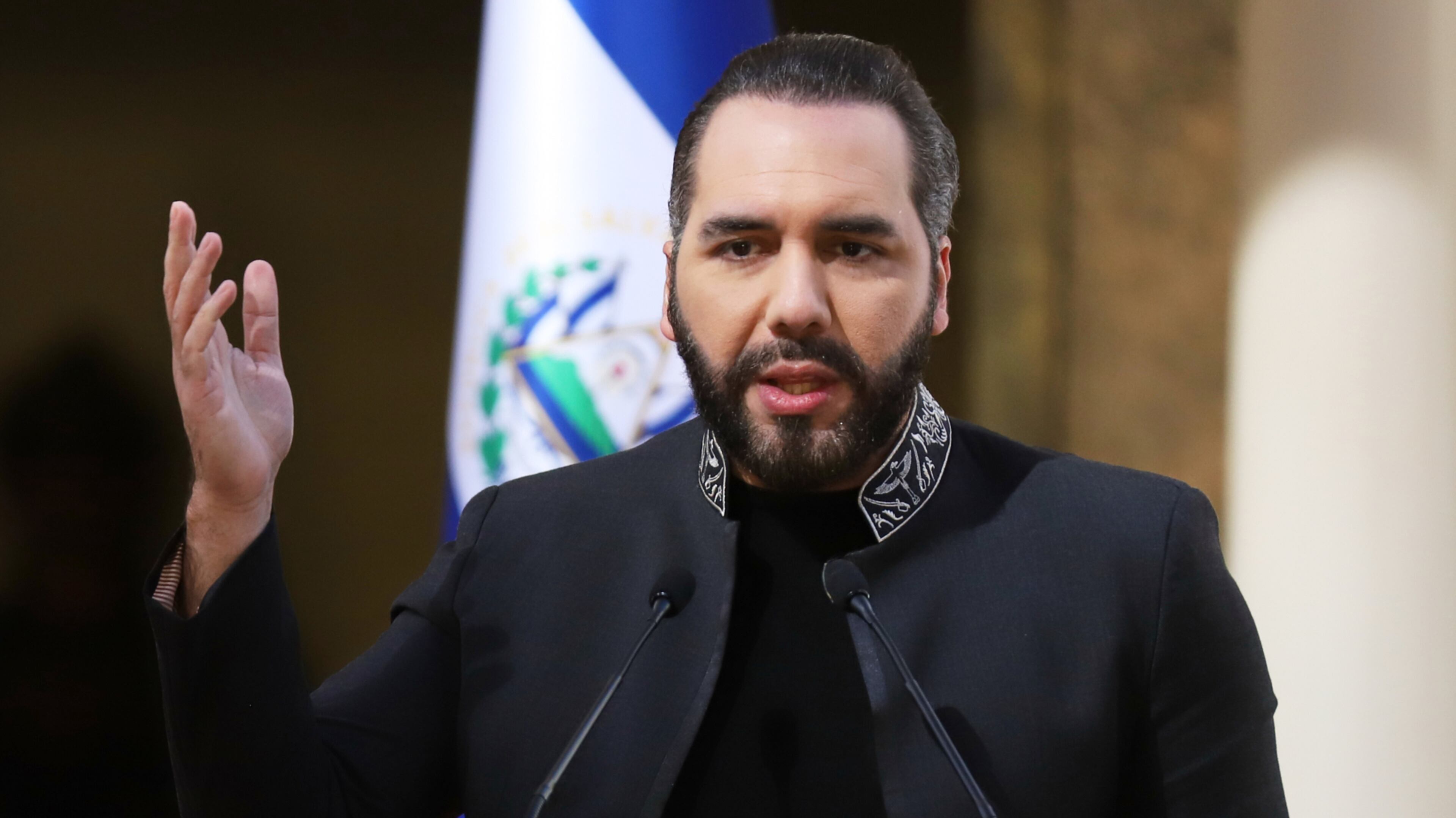 FILE - El Salvador's President Nayib Bukele speaks at the National Palace as he hosts a meeting with U.S. congresspeople in San Salvador, El Salvador, Jan. 19, 2026. (AP Photo/Salvador Melendez, File)