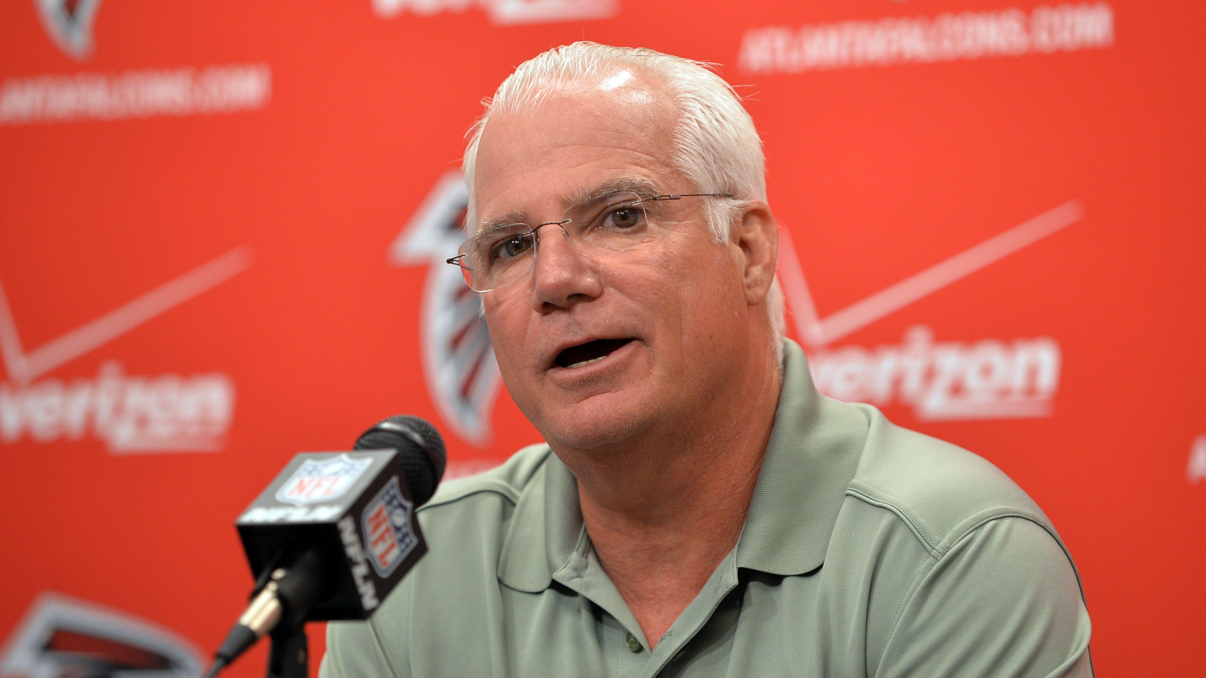 APRIL 22, 2014 FLOWERY BRANCH Falcons Head Coach Mike Smith and Quarterback Matt Ryan speak during a press conference at the team's headquarters in Flowert Branch, Tuesday, April 22, 2014. KENT D. JOHNSON/KDJOHNSON@AJC.COM Falcons coach Mike Smith was candid about the team's weaknesses. (Kent Johnson, AJC)
