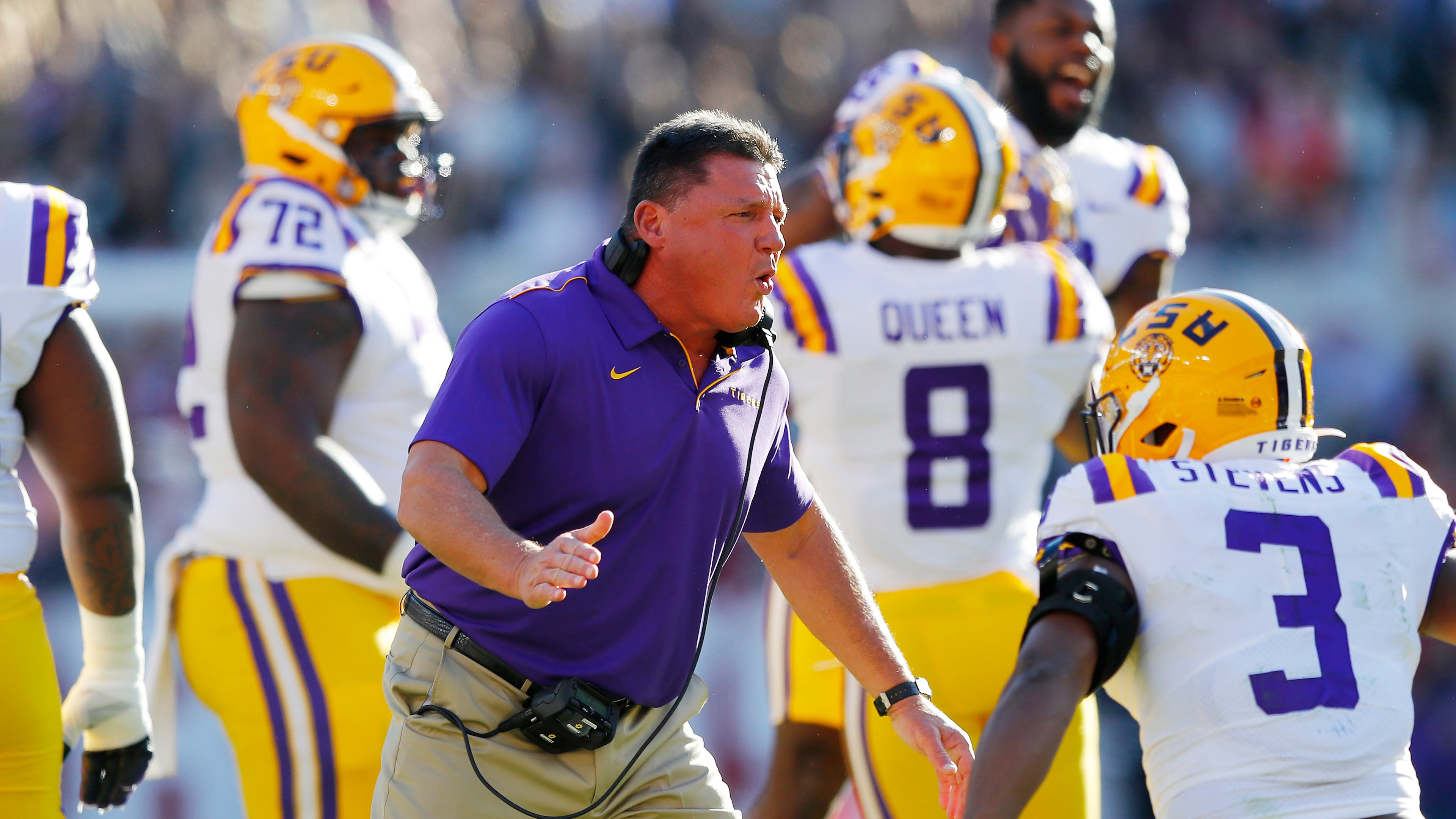 LSU recovers an Alabama fumble last month and Tigers head coach Ed Orgeron is quite excited. (Photo by Kevin C. Cox/Getty Images)