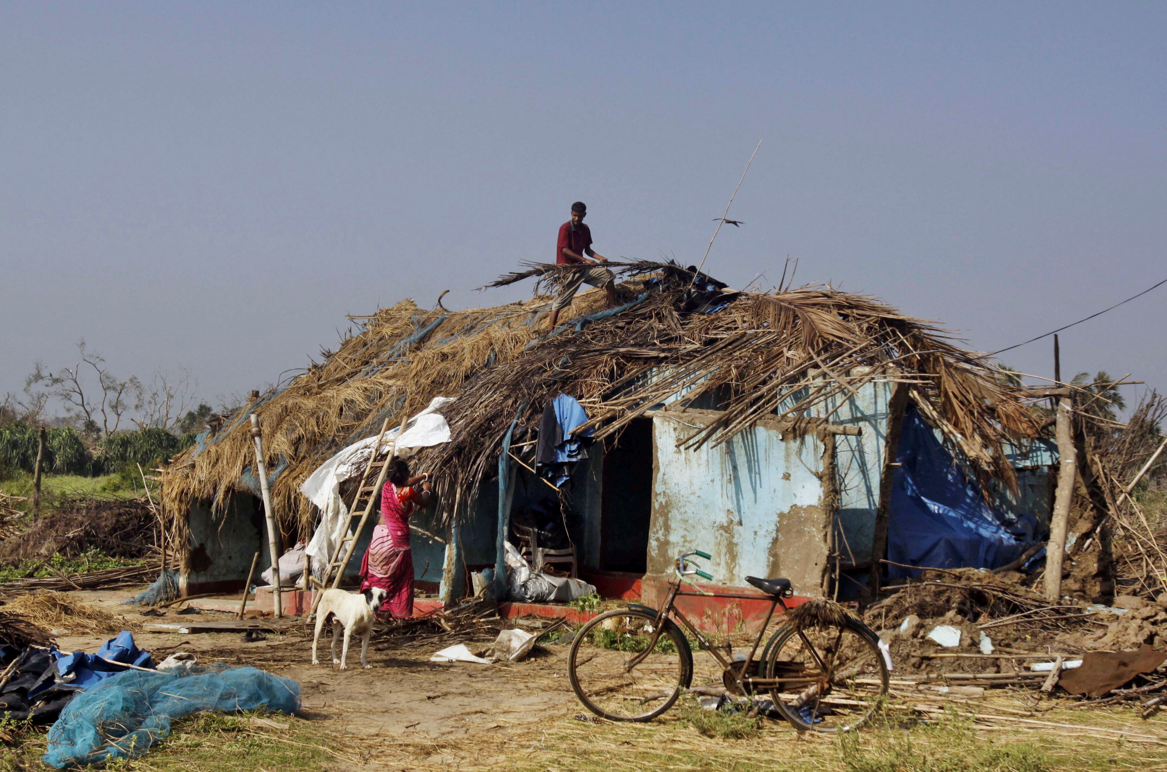 An Indian couple repair their home at the cyclone affected Haripur village in Ganjam district, Orissa state, India, Monday, Oct. 14, 2013. A mass government evacuation of nearly 1 million people spared India the widespread deaths many had feared from the powerful weekend cyclone Phailin, which destroyed hundreds of millions of dollars' worth of crops and tens of thousands of homes. (AP Photo/Biswaranjan Rout)