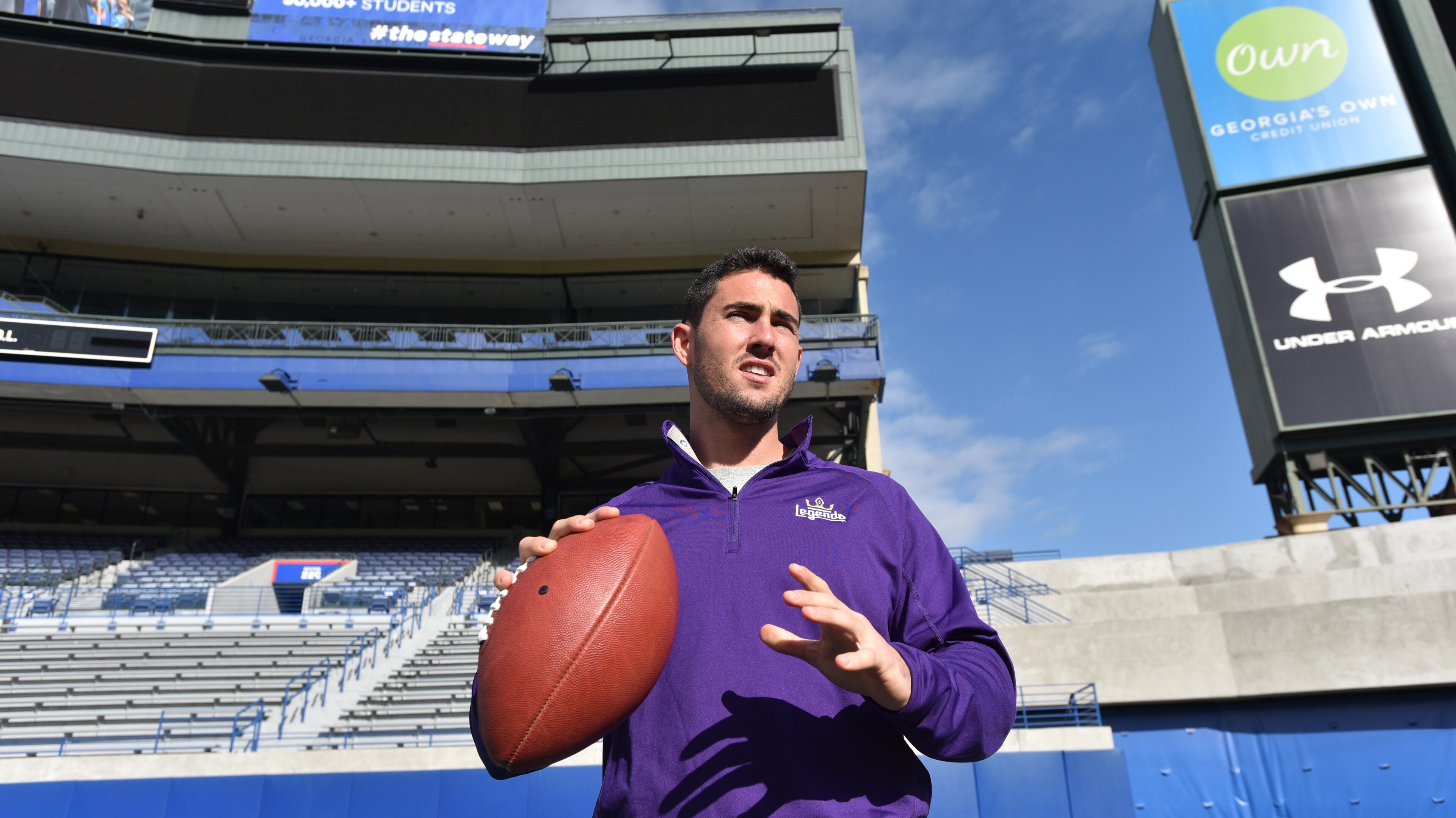 Atlanta Legends QB Aaron Murray walks on the football field at Georgia State Stadium on Thursday, November 29, 2018. Former Georgia quarterback Aaron Murray has signed to play with the Atlanta Legends in the new Alliance of American pro football league. The Atlanta Legends open up the inaugural season of The Alliance of American Football on Saturday, February 9 at 8 p.m. at The Orlando Apollos. HYOSUB SHIN / HSHIN@AJC.COM