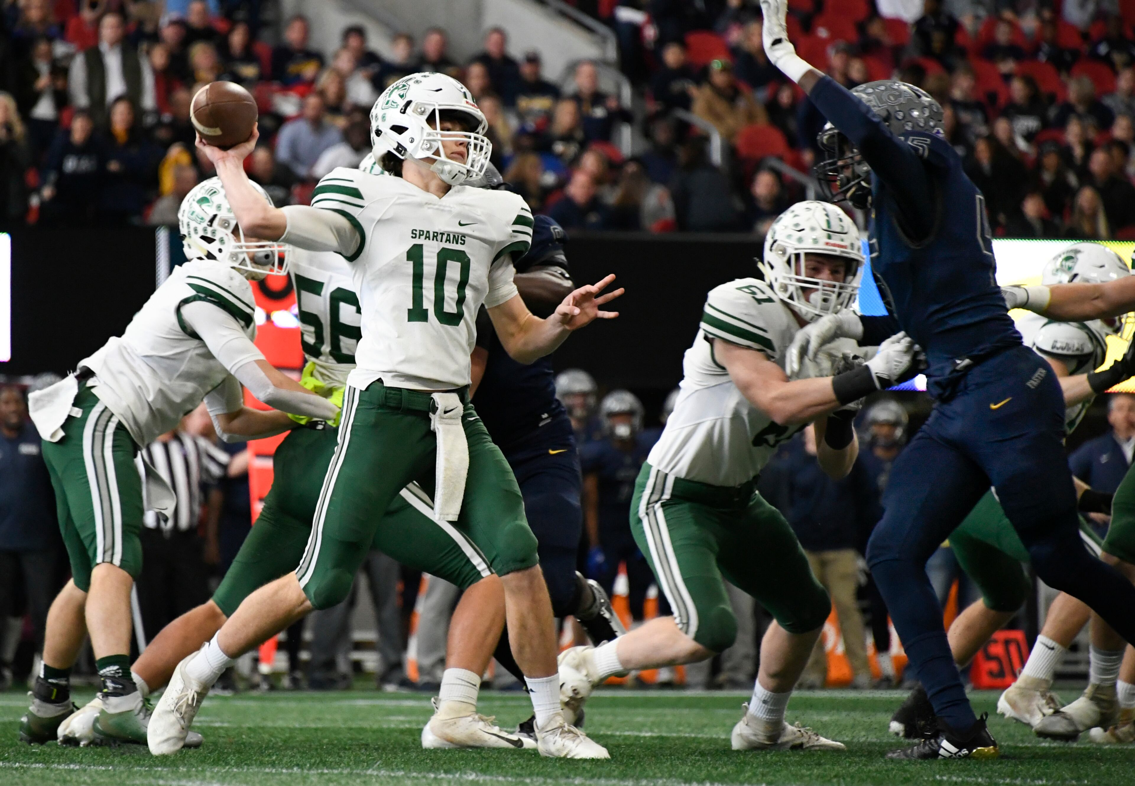 Athens Academy QB Palmer Bush passes against Eagle's Landing Christian Academy during a class A Private high school championship football game at Mercedes-Benz Stadium, Wednesday, Dec. 12, 2018 in Atlanta. (John Amis/Special)