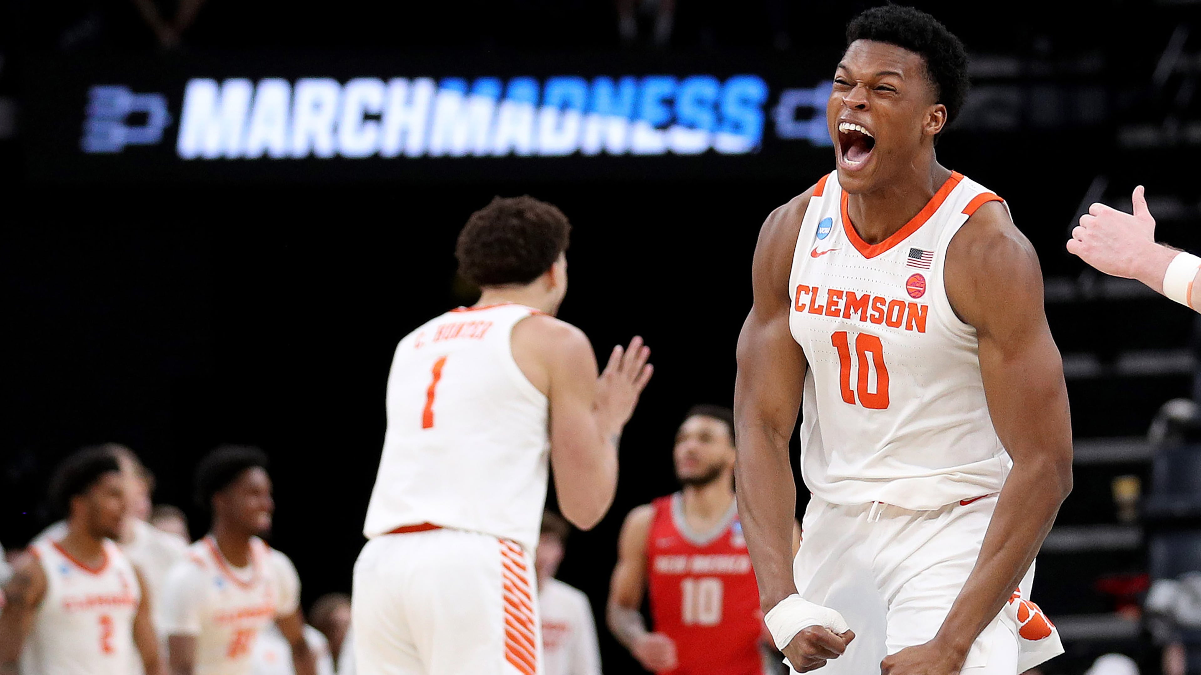 Clemson's RJ Godfrey (10) celebrates during action against New Mexico in the first round of the NCAA Tournament at FedExForum on Friday, March 22, 2024, in Memphis, Tennessee. (Justin Ford/Getty Images/TNS)