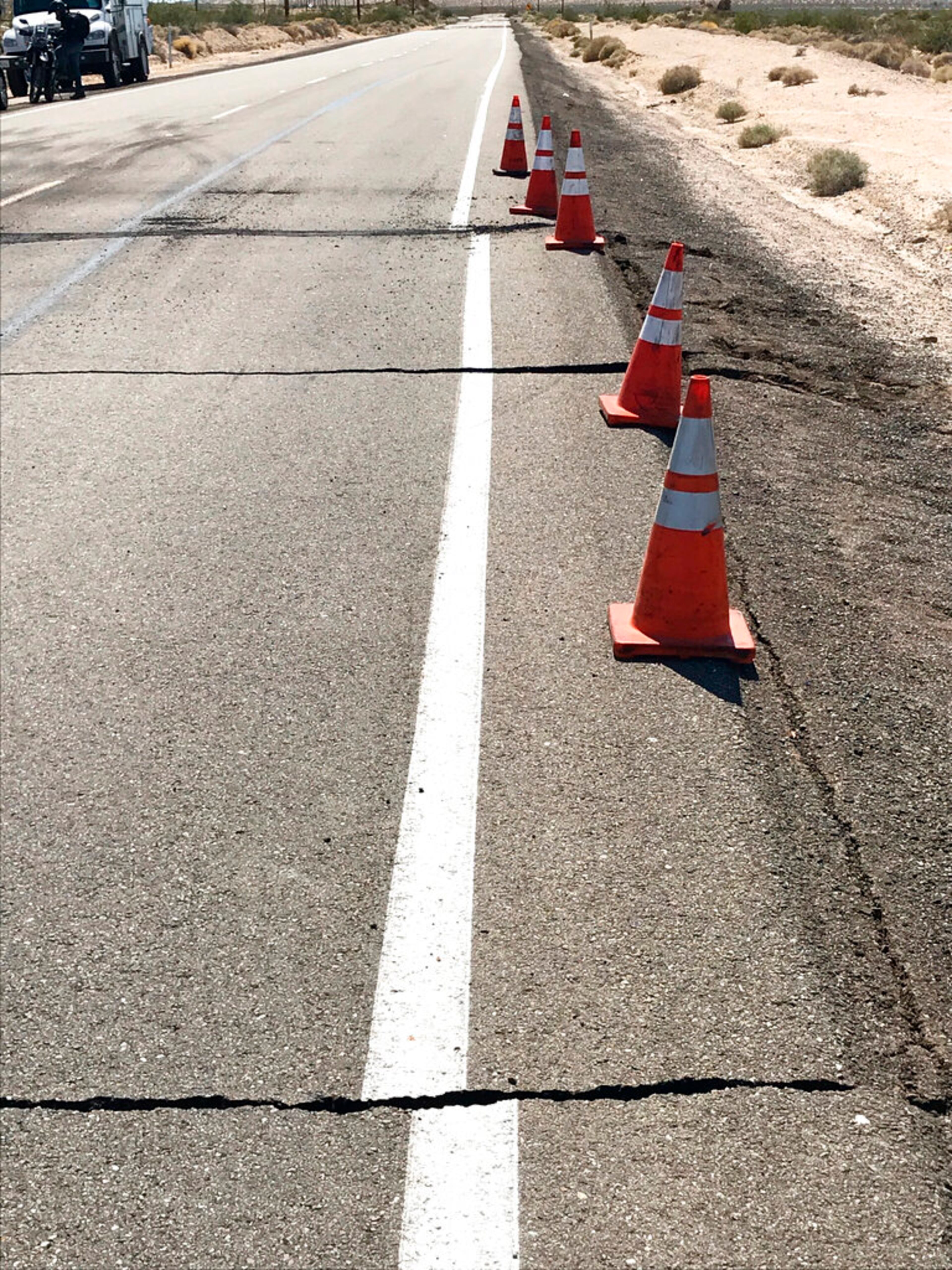 This photo shows damage on Highway 178 in Ridgecrest, Calif., following an earthquake in the area Thursday, July 4, 2019. The earthquake shook a large swath of Southern California and parts of Nevada on Thursday, rattling nerves on the July 4th holiday and causing some injuries and damage in the town near the epicenter, followed by a swarm of ongoing aftershocks.