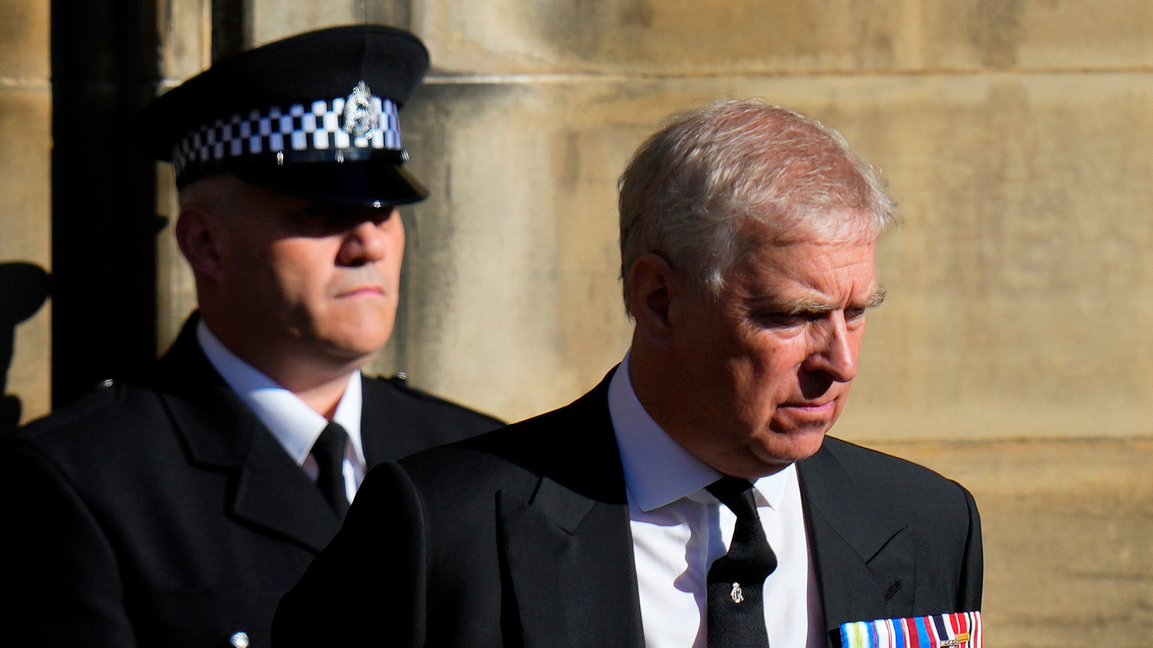 FILE - Prince Andrew leaves St. Giles Cathedral after the arrival of the coffin containing the remains of his mother Queen Elizabeth, in Edinburgh, Scotland, Sept. 12, 2022. (AP Photo/Petr David Josek, File)