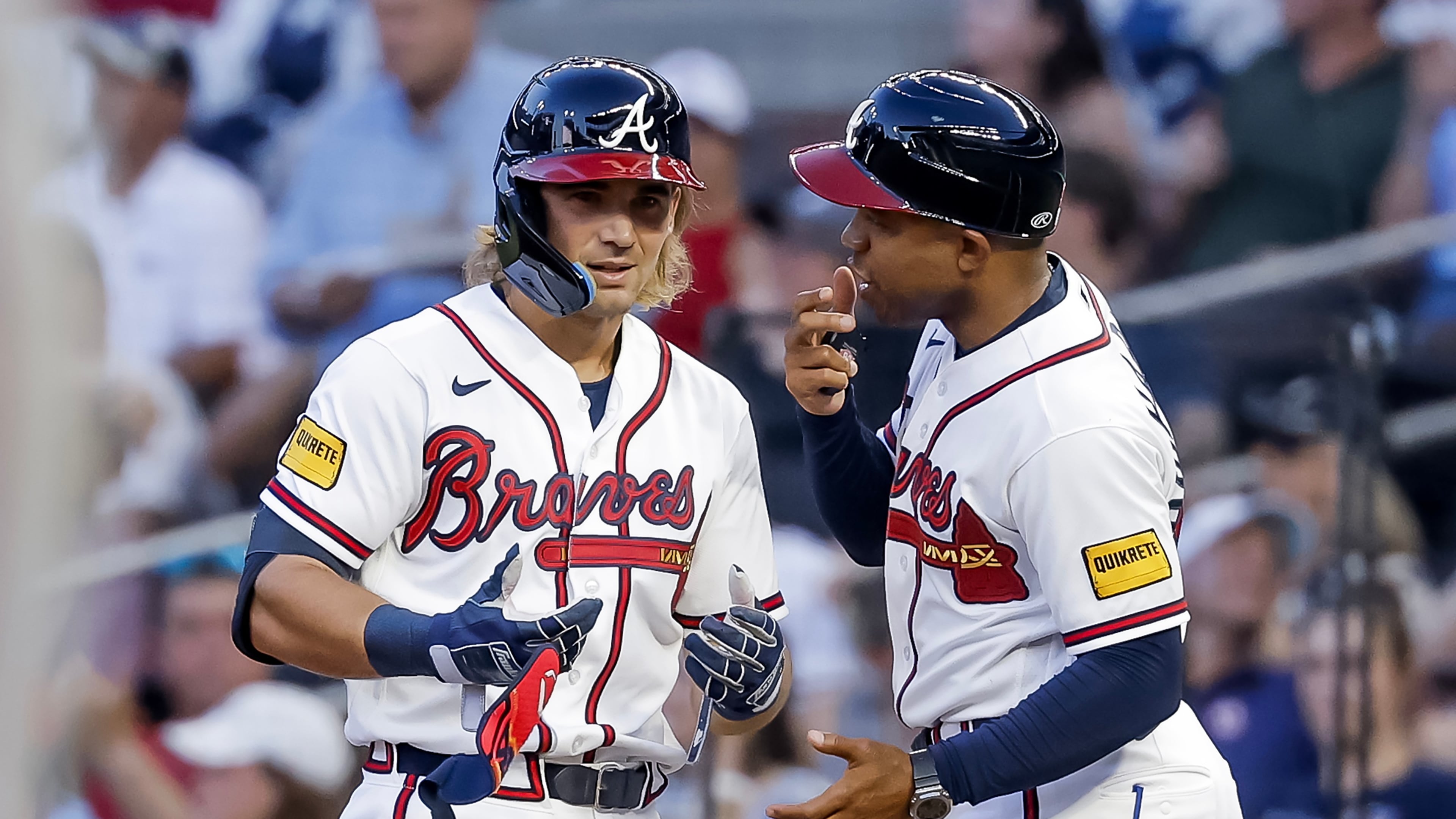 The Braves' Jim Jarvis (left) reacts with first base coach Antoan Richardson after hitting an RBI single against the Mets during the second inning Monday, July 6, 2026, in Atlanta. (Erik S. Lesser/AP)