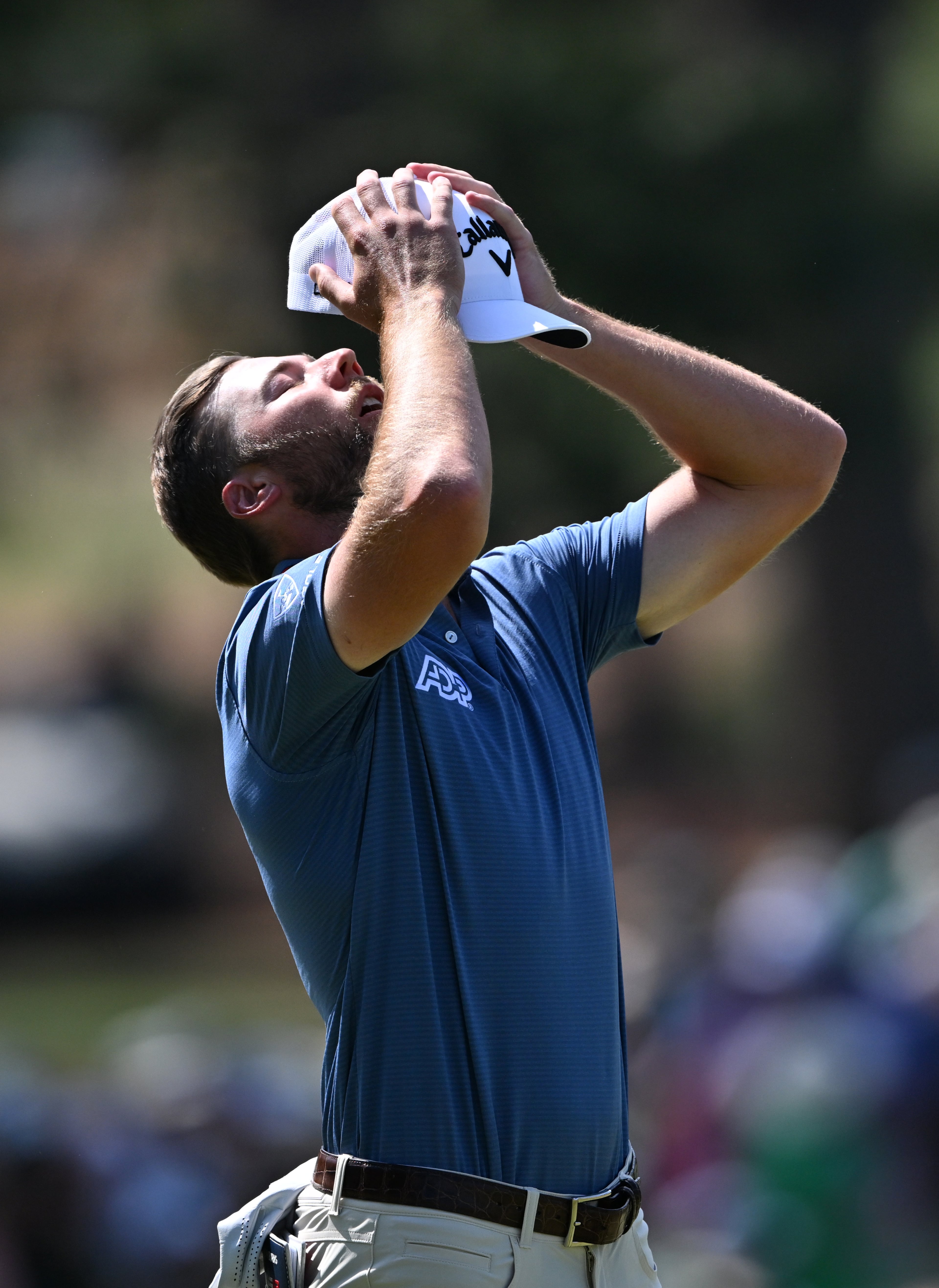 Sam Burns reacts to missing birdie putt on seventh green during final round of the Masters, at Augusta National Golf Club, Sunday, April 12, 2026, in Augusta, GA (Hyosub Shin/AJC)