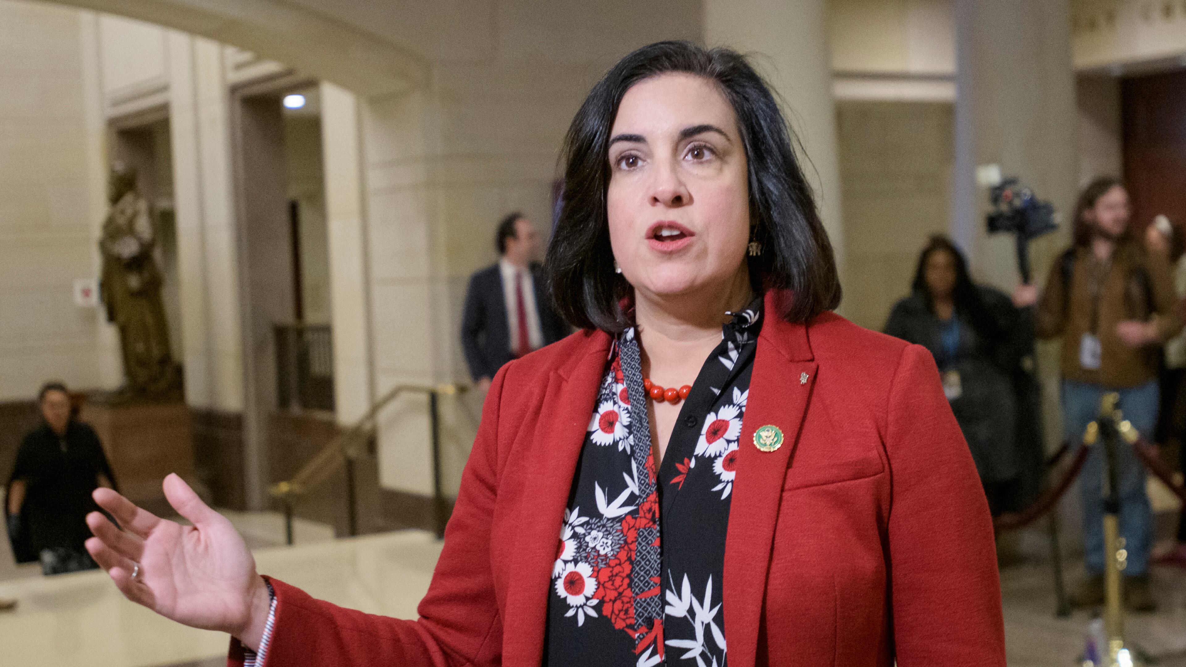 FILE - Rep. Nicole Malliotakis, R-N.Y., talks to reporters following a meeting for President-elect Donald Trump's picks for the planned Department of Government Efficiency at the Capitol, Dec. 5, 2024, in Washington. (AP Photo/Rod Lamkey, Jr., File)