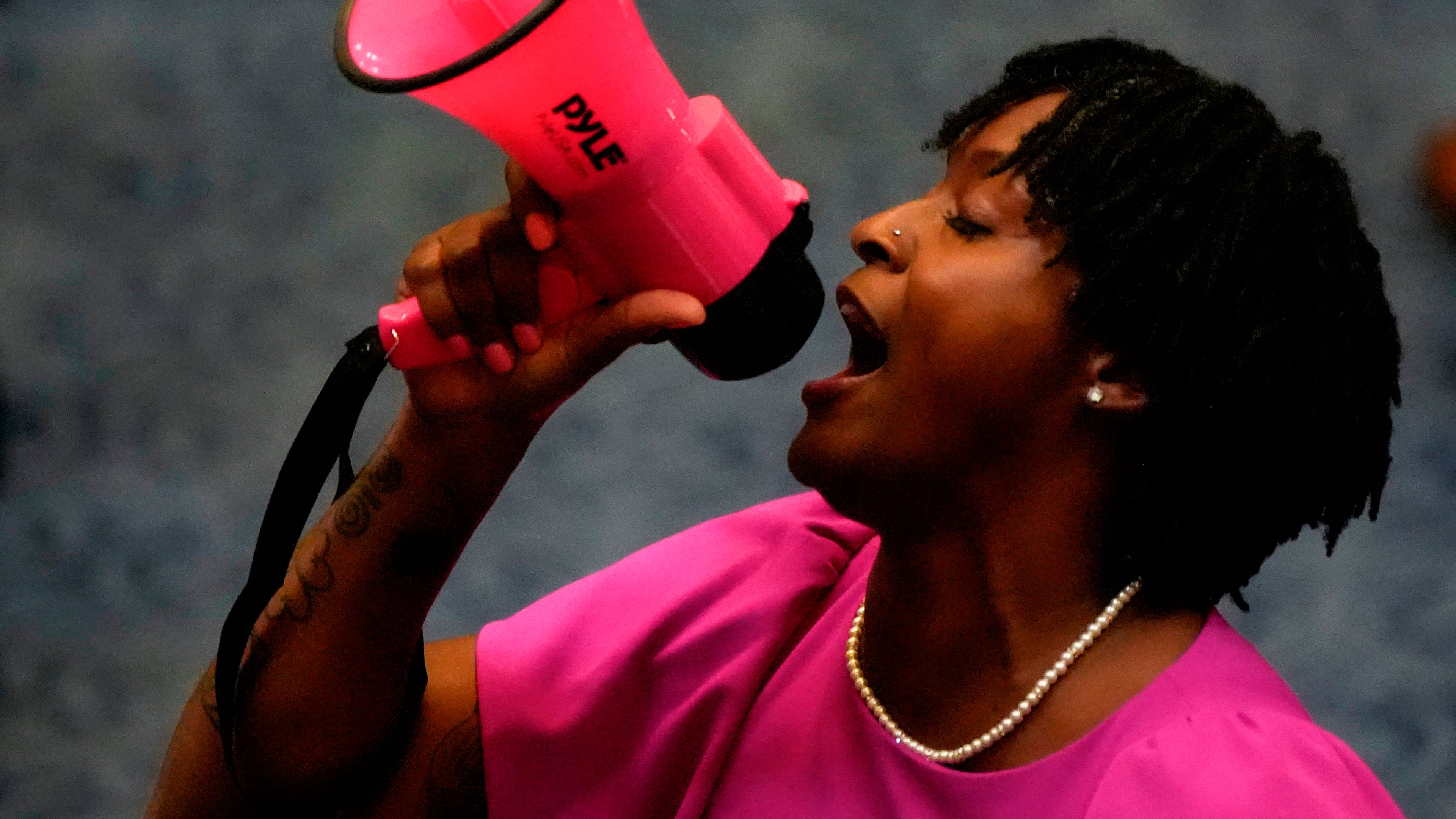 State Rep. Angie Nixon, D-Fla., speaks loudly on the House floor as the House voted on HB1D, a redistricting bill, during a special session of the Florida Legislature, Wednesday, April 29, 2026, in Tallahassee, Fla. (AP Photo/Mike Stewart)