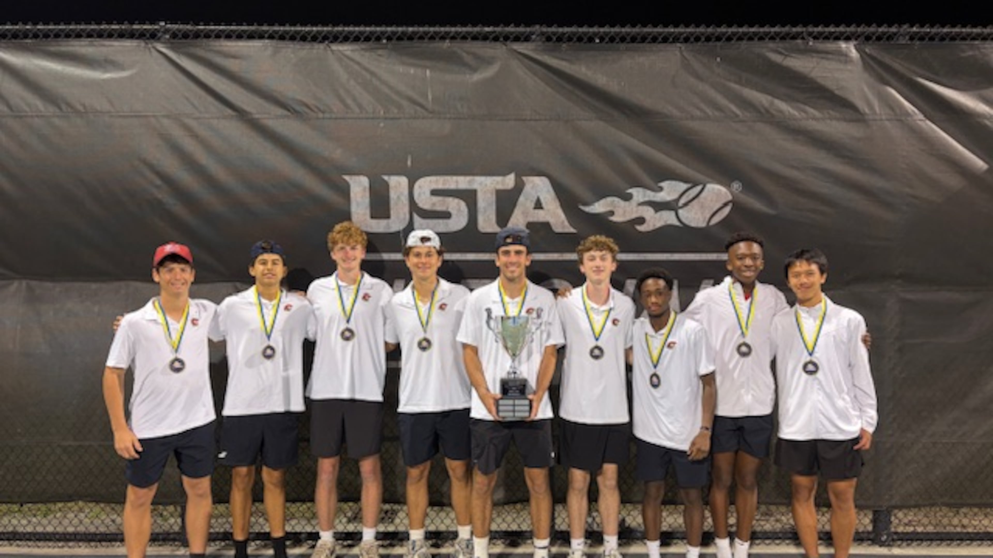 Greater Atlanta Christian won the National High School Tennis Championship at the USTA National Campus in Orlando, Florida, in February. Pictured, from left, are Brady Gessner, Santi Bisogno, Jack Morrison, Marcello Bisogno, Harrison Kemp, Alexander Paden, Freddy Dougah, Jason Eigbedion and Simon Dong. Ben Hawkins is not pictured. The event was an invitational of the eight highest-rated teams nationwide based on Universal Tennis Rating. (Courtesy of Greater Atlanta Christian)